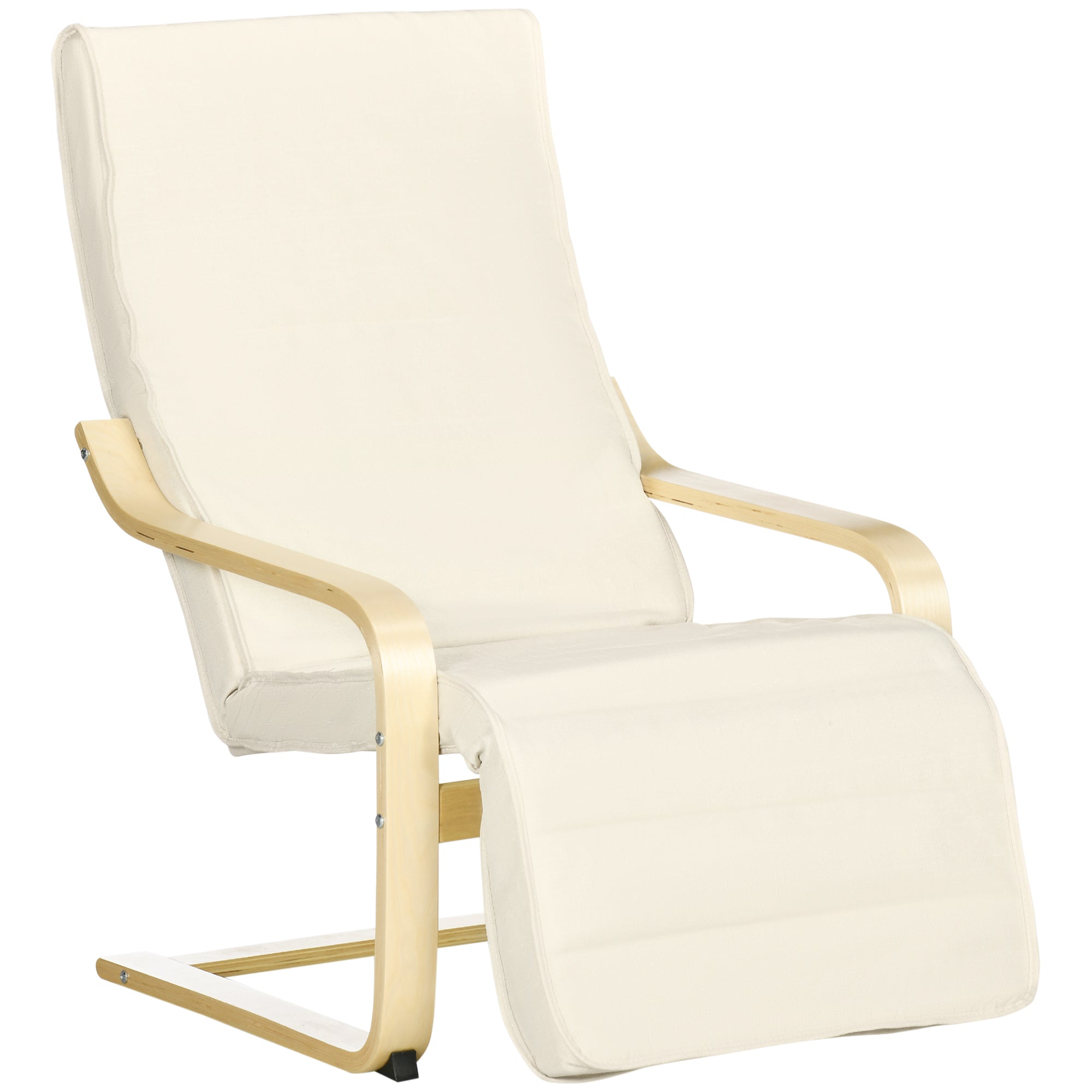 HOMCOM Wooden Lounging Chair Deck Relaxing Recliner Lounge Seat with Adjustable Footrest & Removable Cushion, Cream White