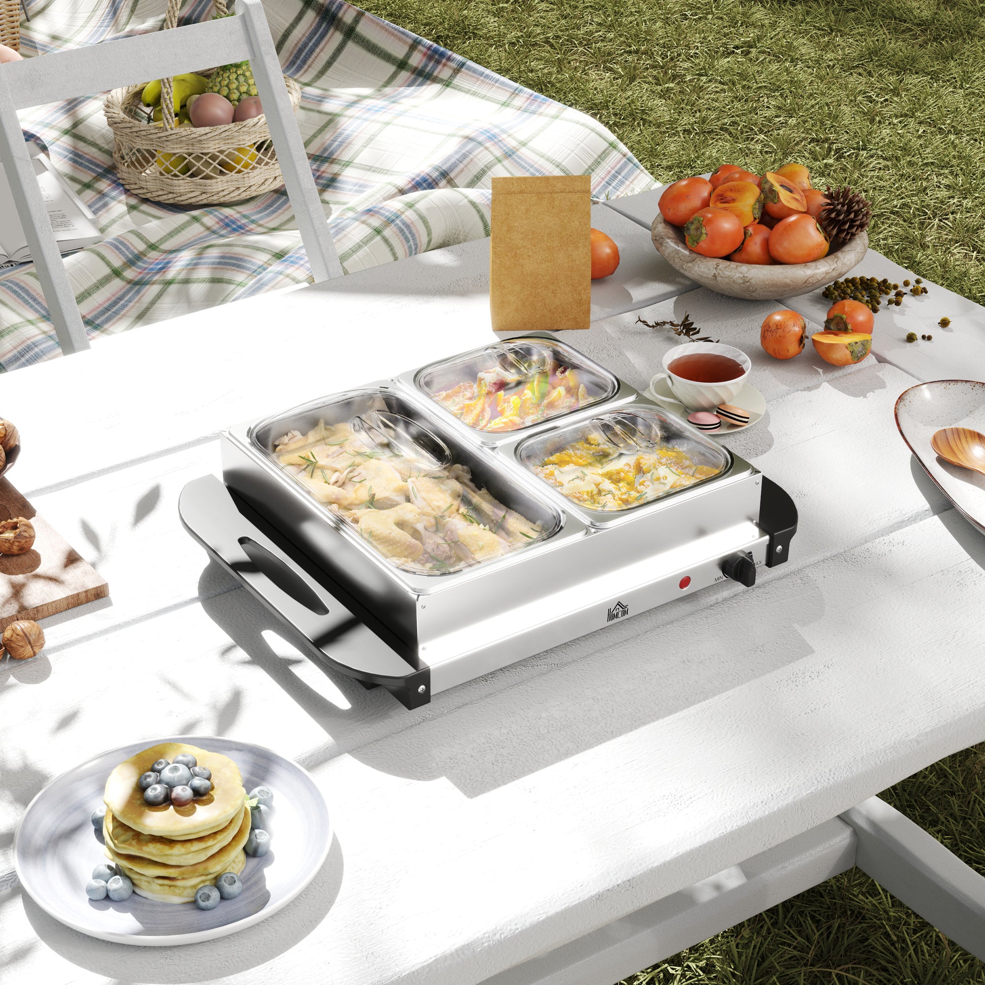 HOMCOM 4.5L Stainless Steel Electric Buffet Server, with 3x Trays and Lids - North Peak Garden Furniture