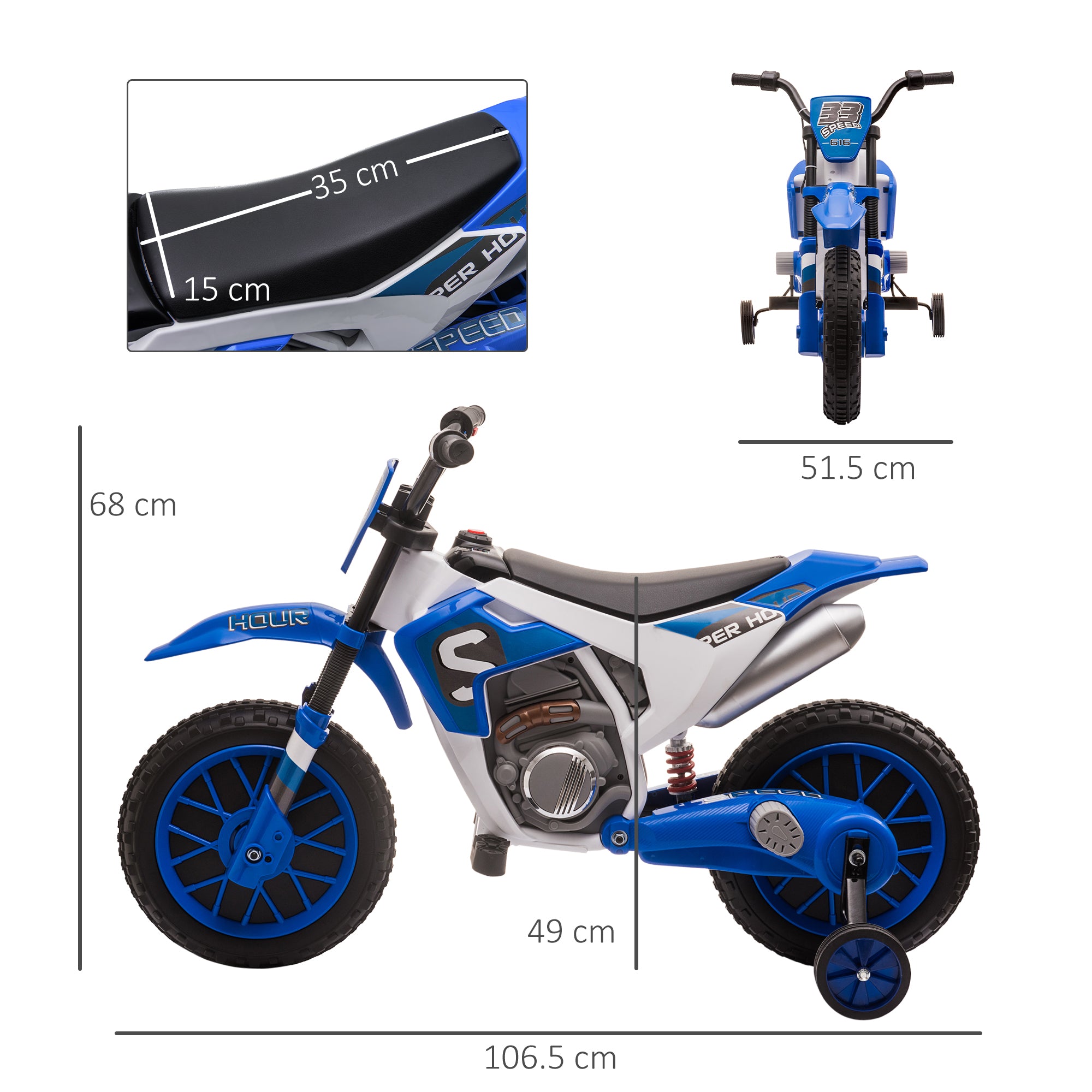 HOMCOM 12V Kids Electric Motorcycle Ride-On, with Training Wheels, for Ages 3-6 Years - Blue