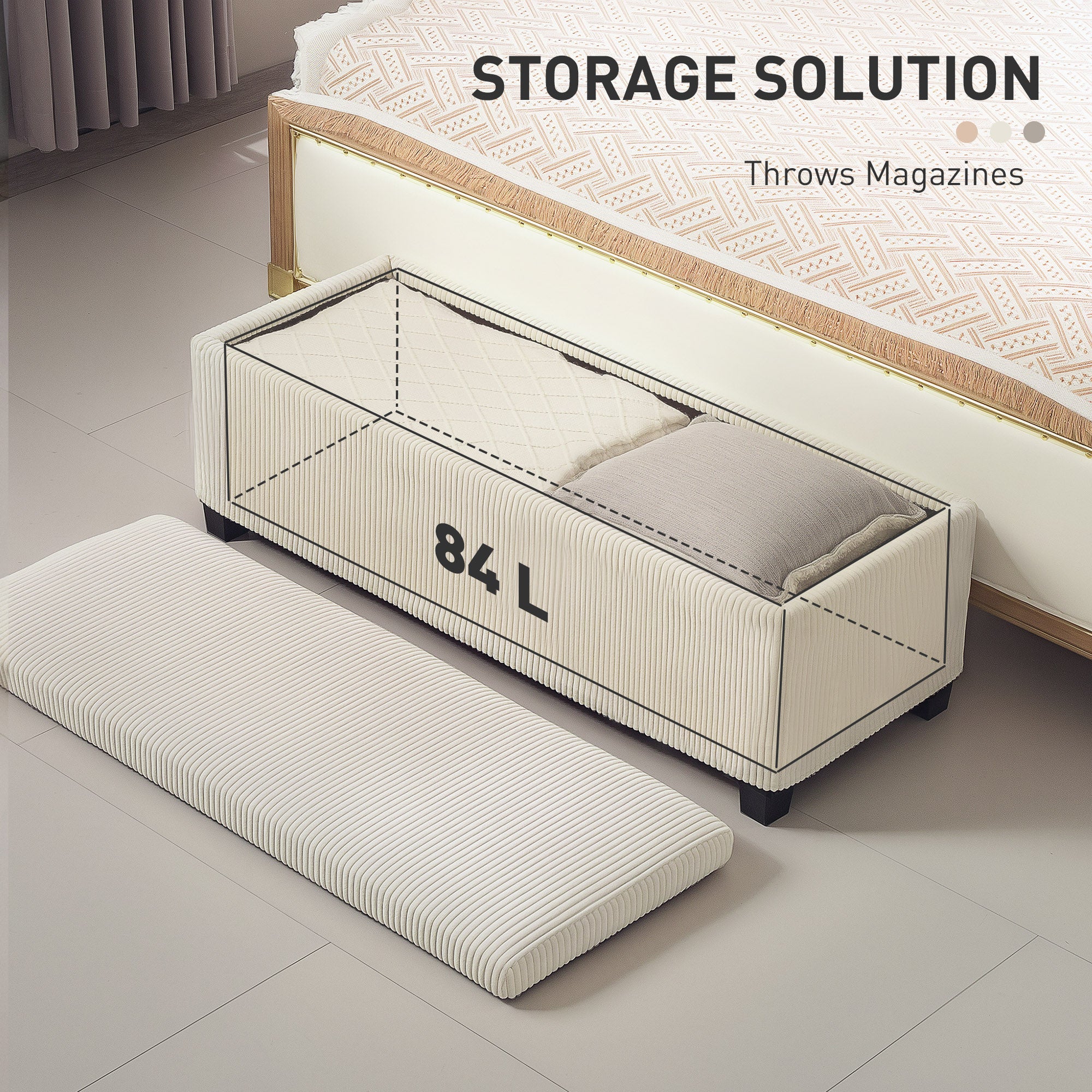 HOMCOM Storage Ottoman Bench, Corduroy Footstool with Removable Lid and Legs, 112cm Storage Chest Box for Living Room, Bedroom, Hallway, Beige - North Peak Garden Furniture