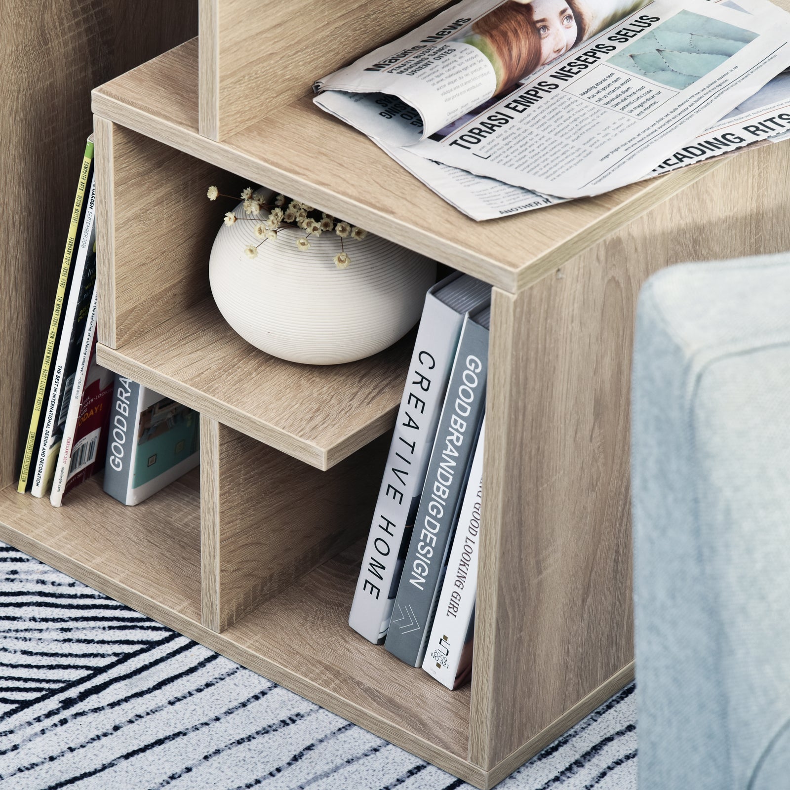 HOMCOM Side Table, 3 Tier End Table with Open Storage Shelves, Living Room Coffee Table Organiser Unit, Oak Colour - North Peak Garden Furniture