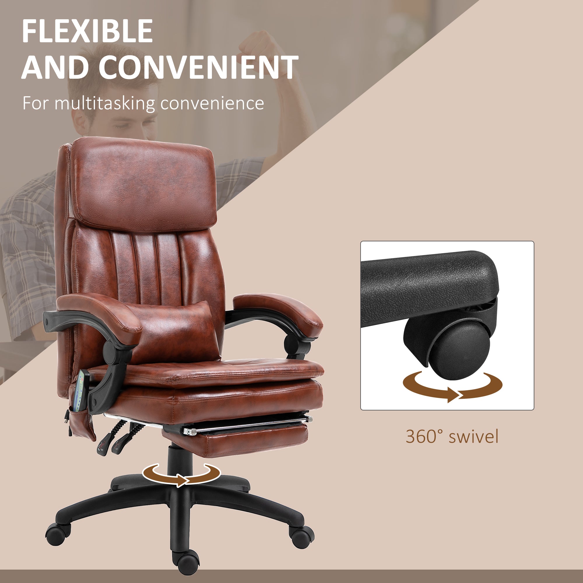 Vinsetto PU Leather Office Chair with 7 Point Vibrating Massage, Computer Desk Chair with Footrest, Adjustable Height, Reclining Back, Brown - North Peak Garden Furniture