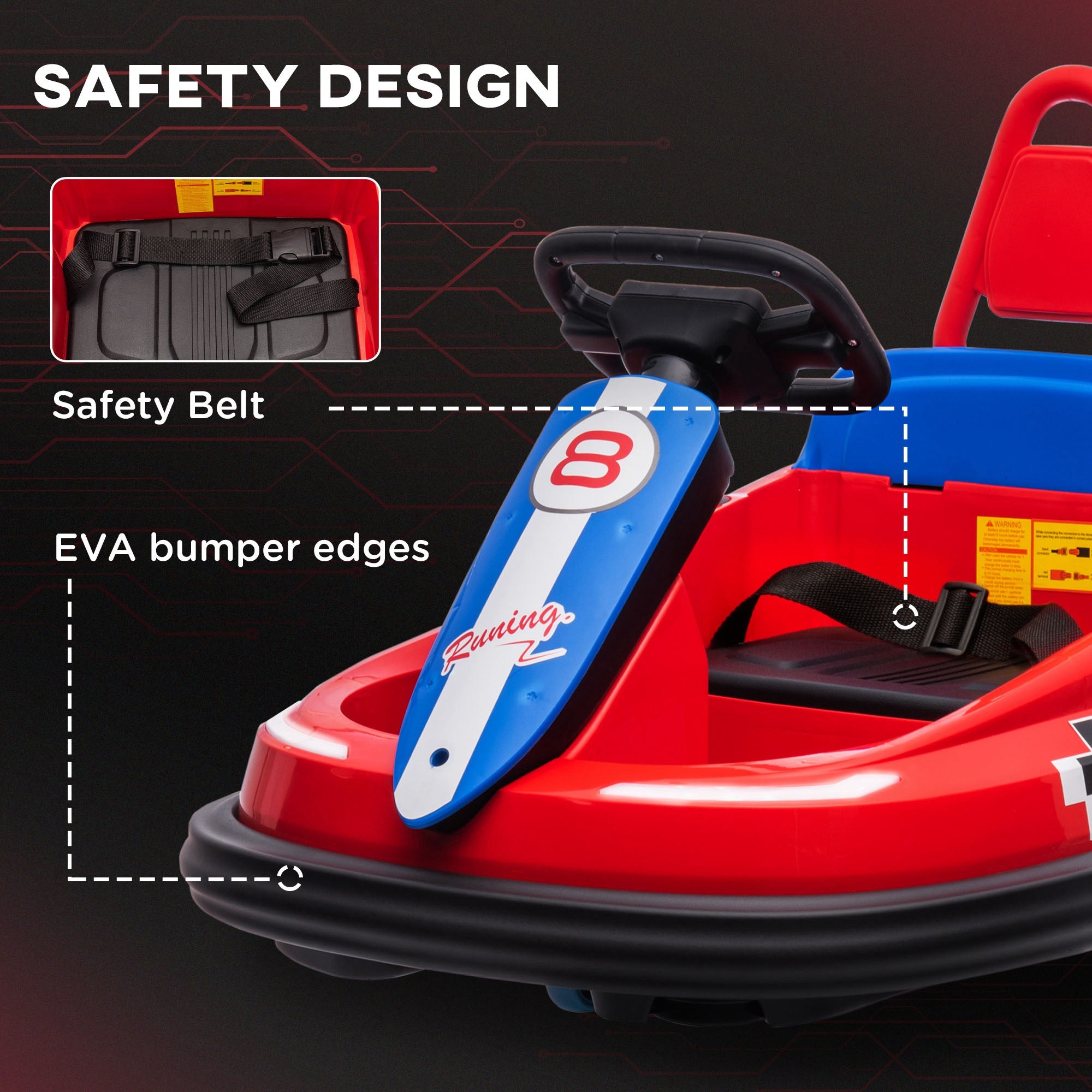 HOMCOM 6V Electric Kids Bumper Car, 6V Spin Waltz Car, with Music, Horn, Lights - Red - North Peak Garden Furniture