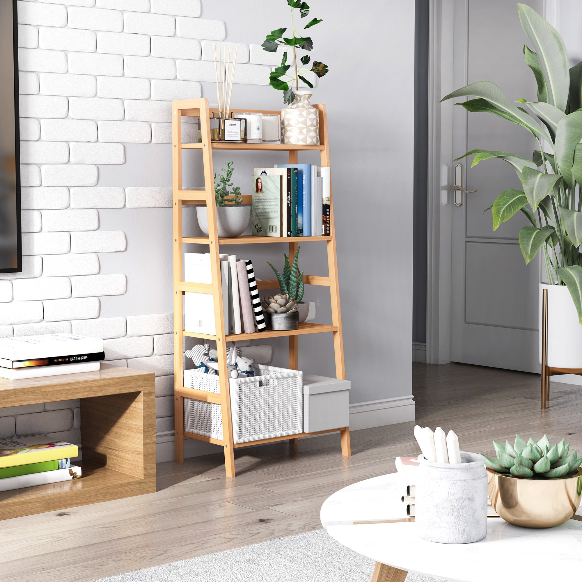 HOMCOM Bamboo Ladder Shelf, 4-Tier Bookshelf, Freestanding Bookcase for Living Room, Study, Bedroom, Home Office, 48 x 31.5 x 120cm, Natural Wood Effect - North Peak Garden Furniture
