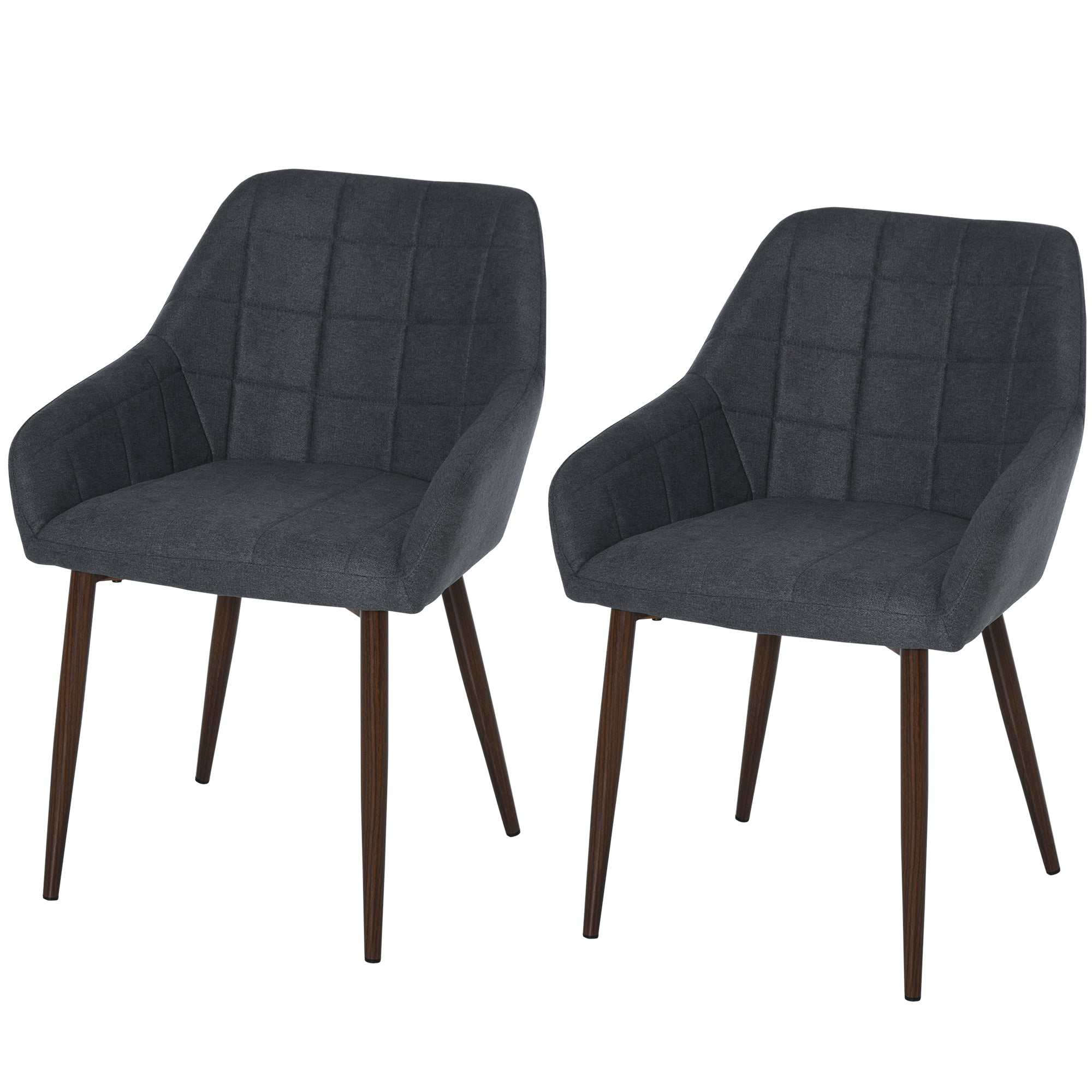HOMCOM 2 Pieces Linen-Touch Fabric Dining Chair with Grid Pattern Cushion and Backrest, Mid Back Leisure Chair with Steel Leg, Sponge Padded Armchair for Dining Room - North Peak Garden Furniture