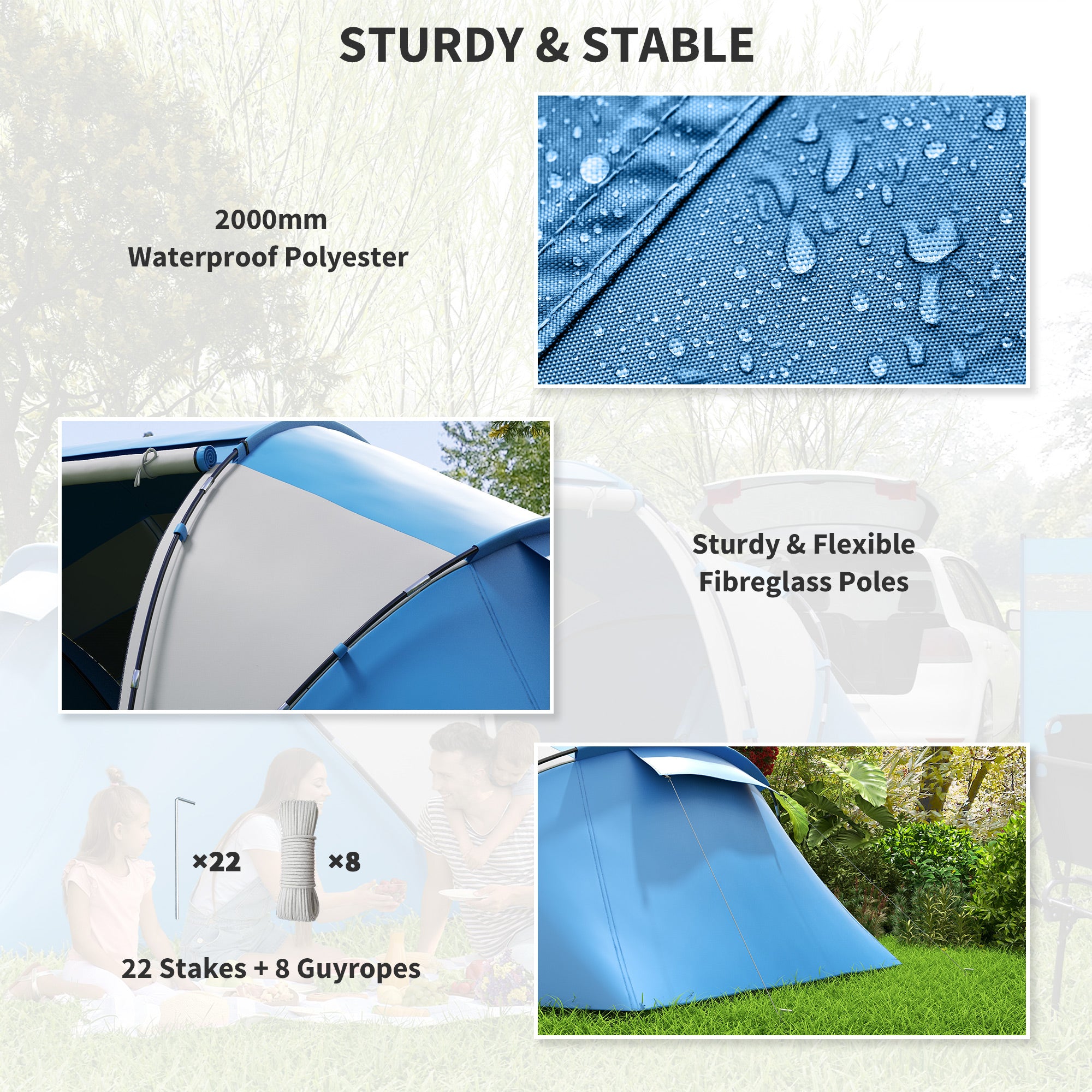 Outsunny 4-6 Man Camping Tent w/ Two Bedroom, Hiking Sun Shelter, UV Protection Tunnel Tent, Blue and White - North Peak Garden Furniture