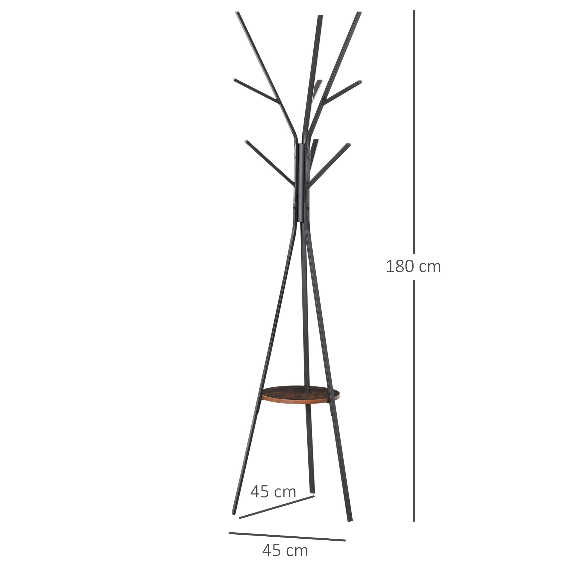 HOMCOM Freestanding Metal Coat Rack Stand 9 Hooks Clothes Tree with 1 Shelf Hat Display Hall Tree Hanger Bag Umbrella Hanging Organiser Brown - North Peak Garden Furniture