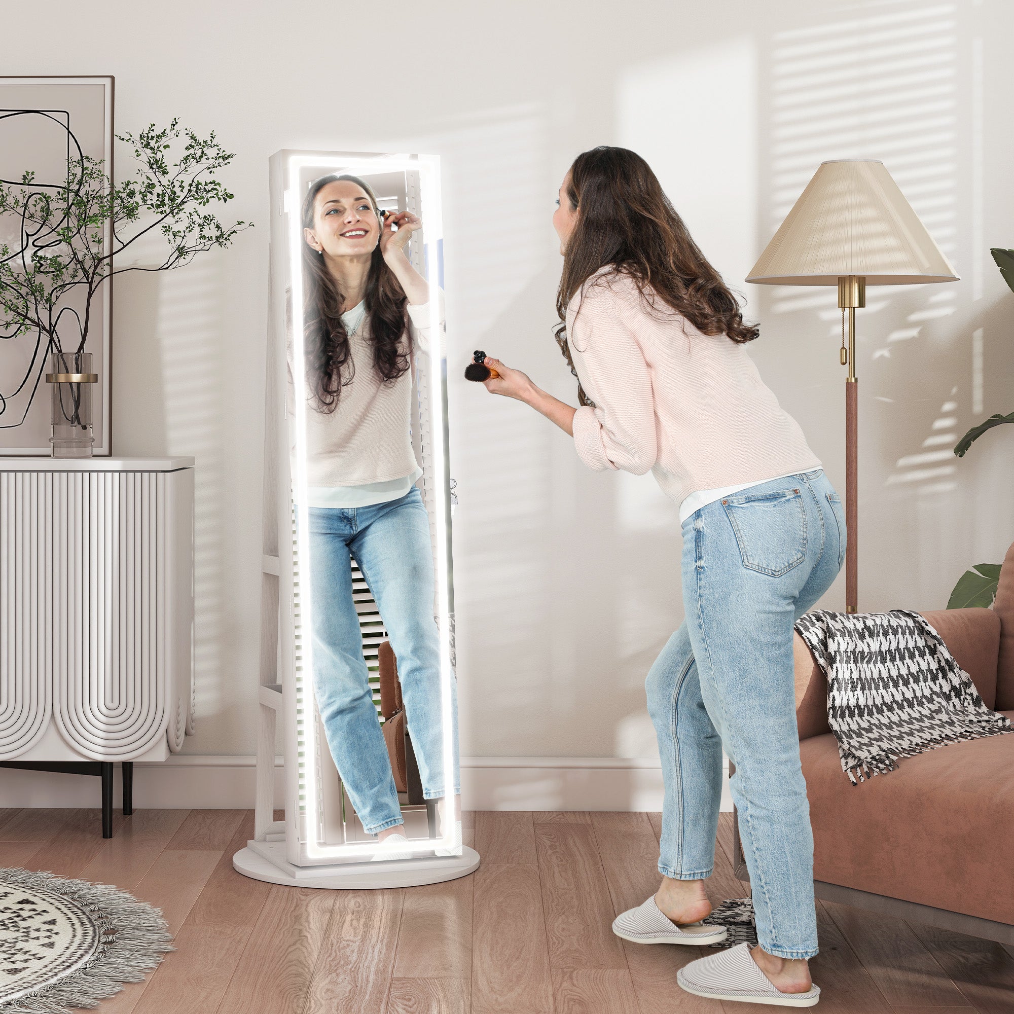 HOMCOM 360° Swivel Mirror Jewellery Cabinet with 3 Colour LED Lights, Lockable Jewellery Organiser, Free Standing Full Length Mirror with Storage for Earrings, Necklaces, Rings and Lipsticks, White
