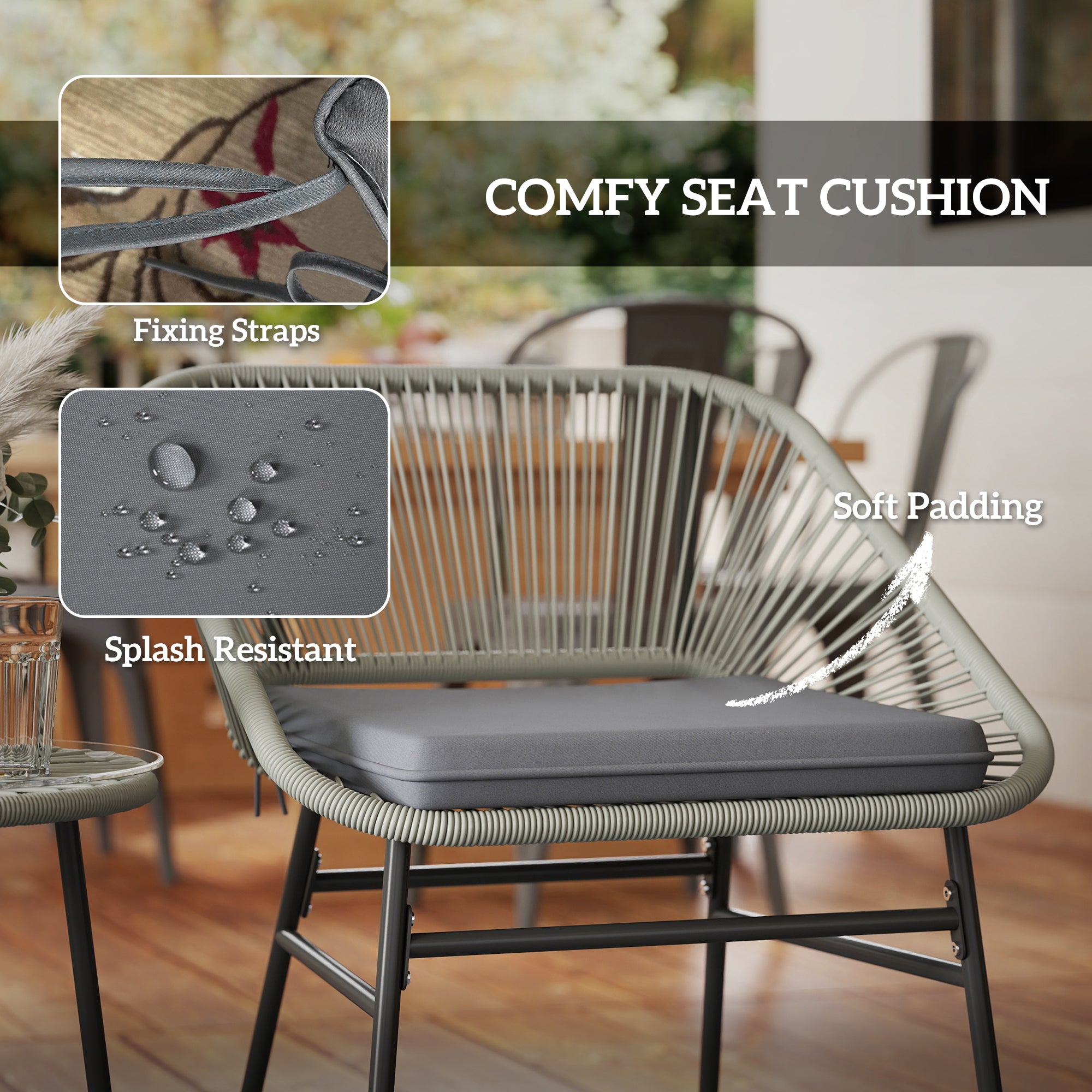 Outsunny 3 Pieces Rattan Bistro Set, Wicker Small Garden Table and Chairs Set with Cushions and Glass Top Coffee Table, Bistro Garden Furniture Set for Outdoor, Patio, Balcony, Light Grey - North Peak Garden Furniture