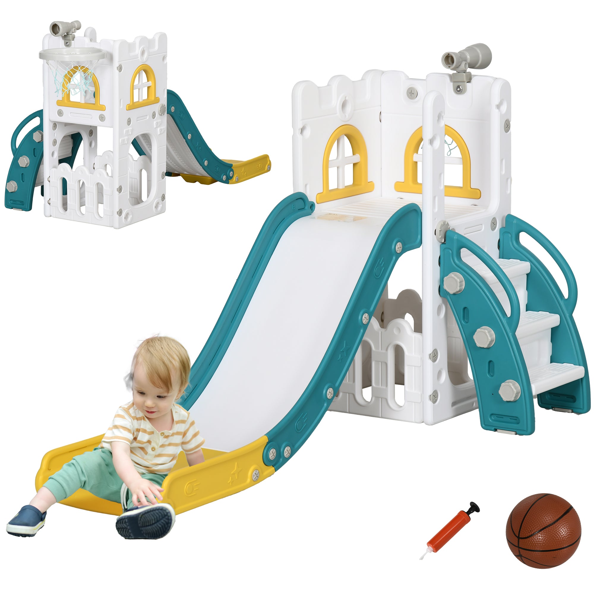AIYAPLAY 4 in 1 Toddler Slide with Basketball Hoop, Climber, Telescope, Storage Basket, for Ages 1-3 Years, Yellow - North Peak Garden Furniture