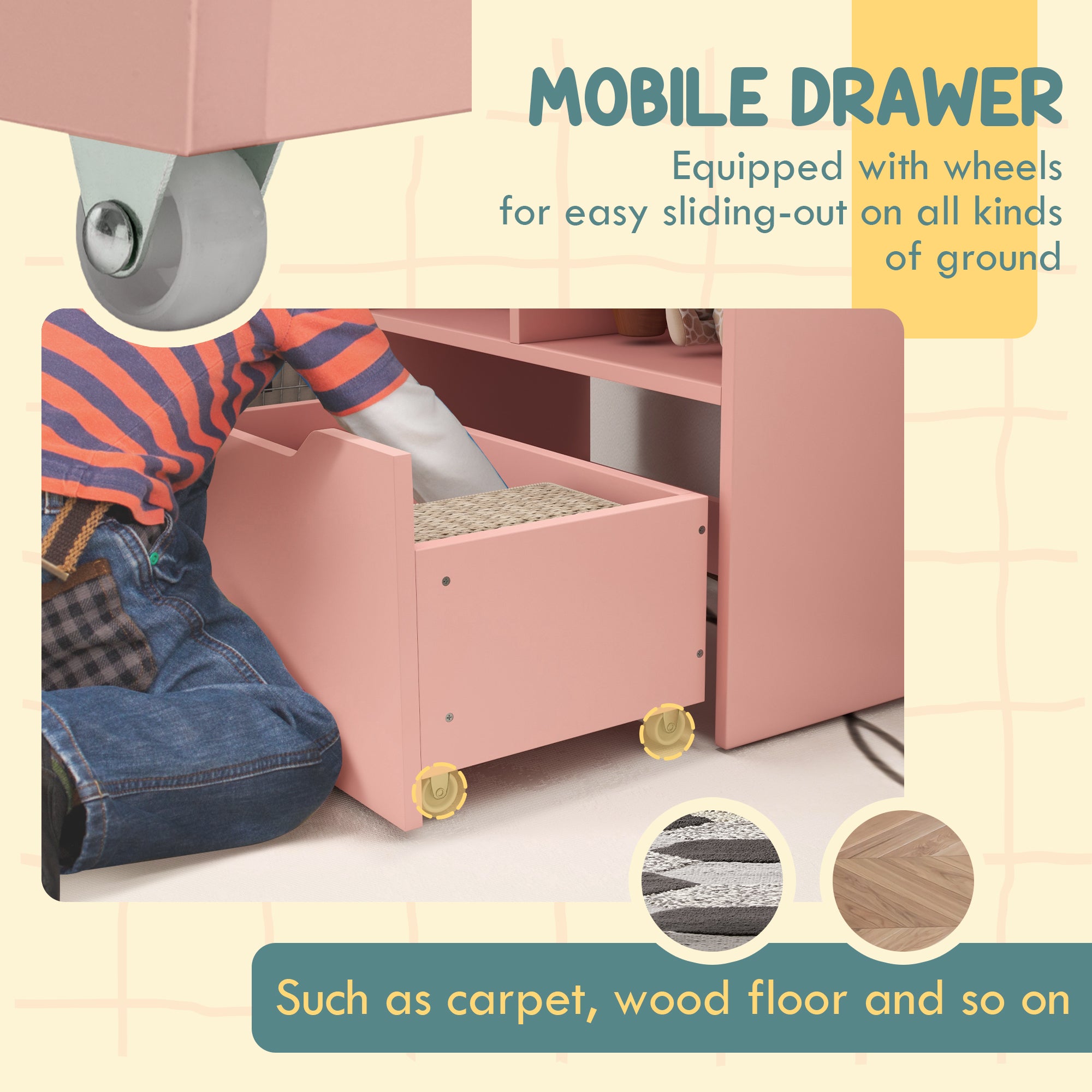HOMCOM Kids Bookshelf, Toy Organiser, with Storage Drawer, Wheels - Pink - North Peak Garden Furniture