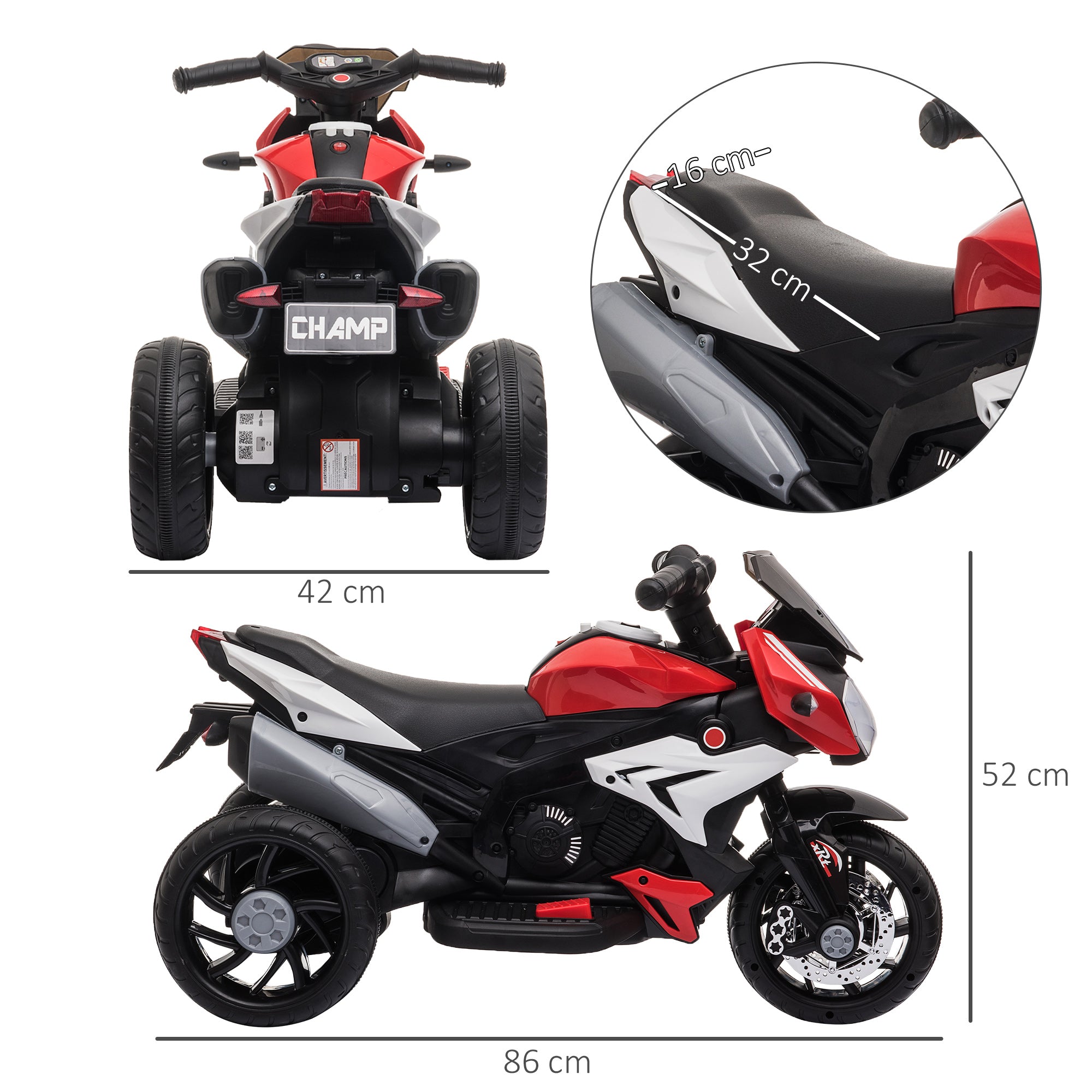 HOMCOM Kids 6V Electric Ride On Motorcycle Electric Motorbike w/ Lights Music Horn 3 Wheel Outdoor Play Toy for 3-5 Years Red