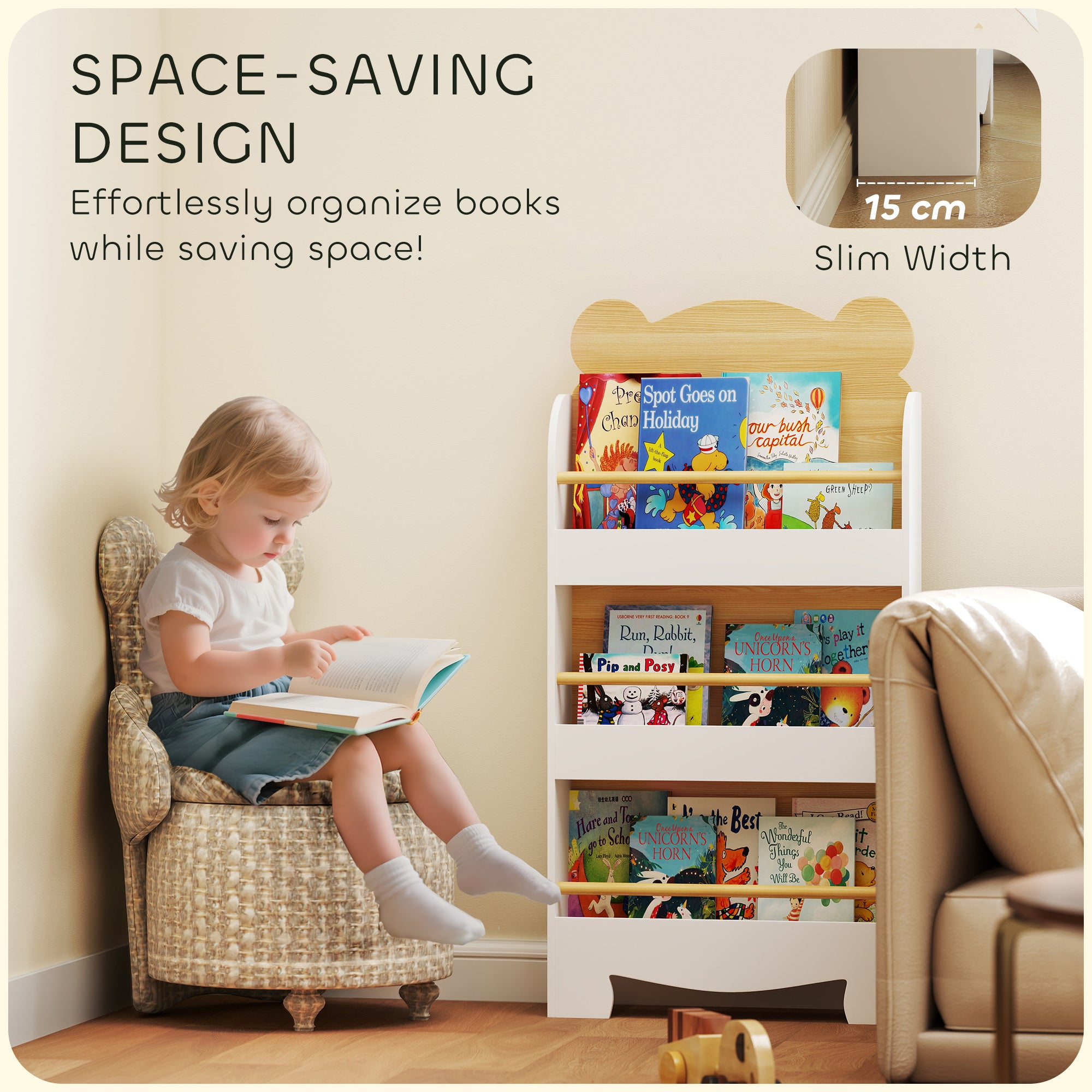 AIYAPLAY Kids Bookshelf, 3 Tier Children Bookcase, Bear Theme Toddler Space-Saving Bookcase for Living Room, White