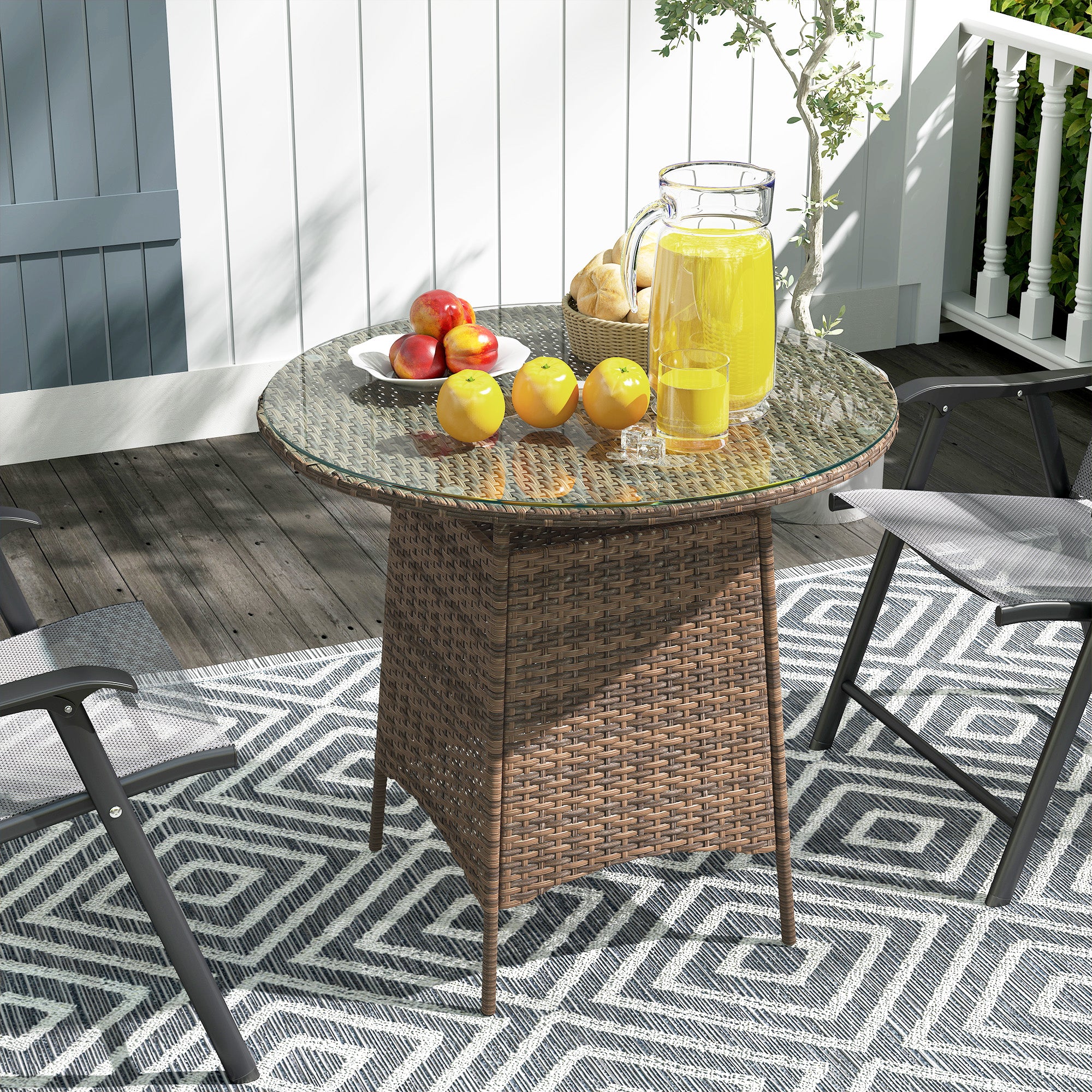 Outsunny Wicker Garden Rattan Table, Patio Furniture Outdoor Coffee Table with Umbrella Hole and Tempered Glass Top, Brown - North Peak Garden Furniture