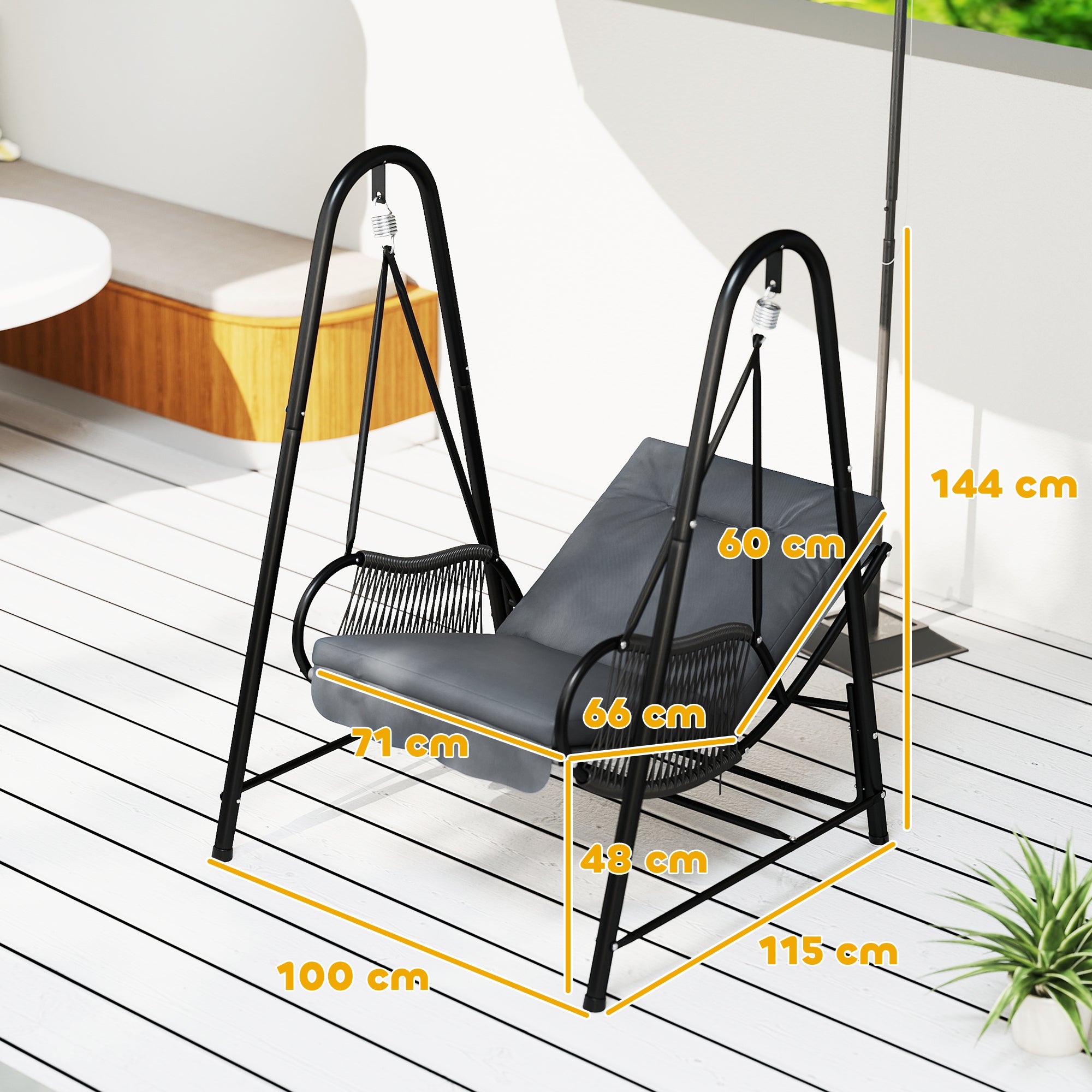 Outsunny Rattan Swing Chair, Outdoor Garden Hanging Swing Seat with Stand and Seat Cushion, Porch Hanging Chair for Balcony, Garden, Deck, Dark Grey - North Peak Garden Furniture