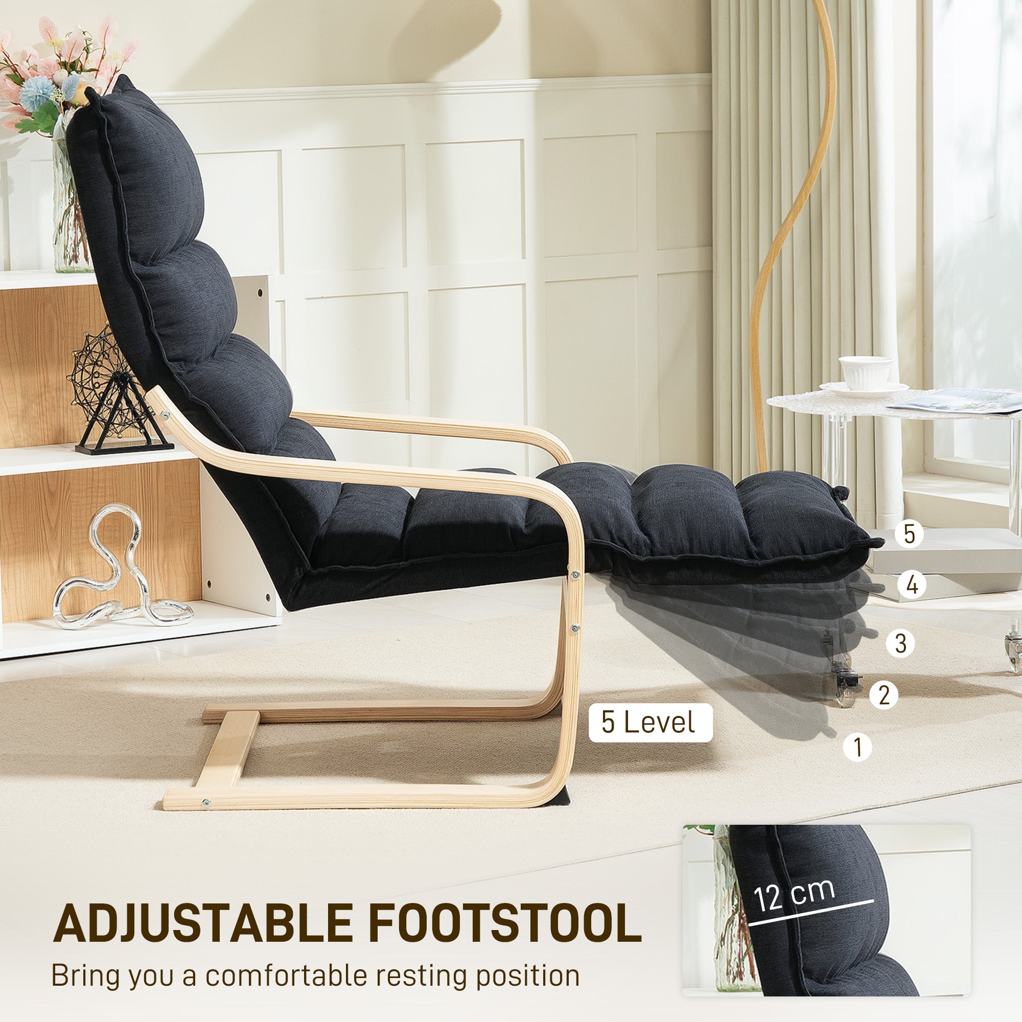 HOMCOM Curved Wooden Accent Chair, with Adjustable Footrest - Black - North Peak Garden Furniture
