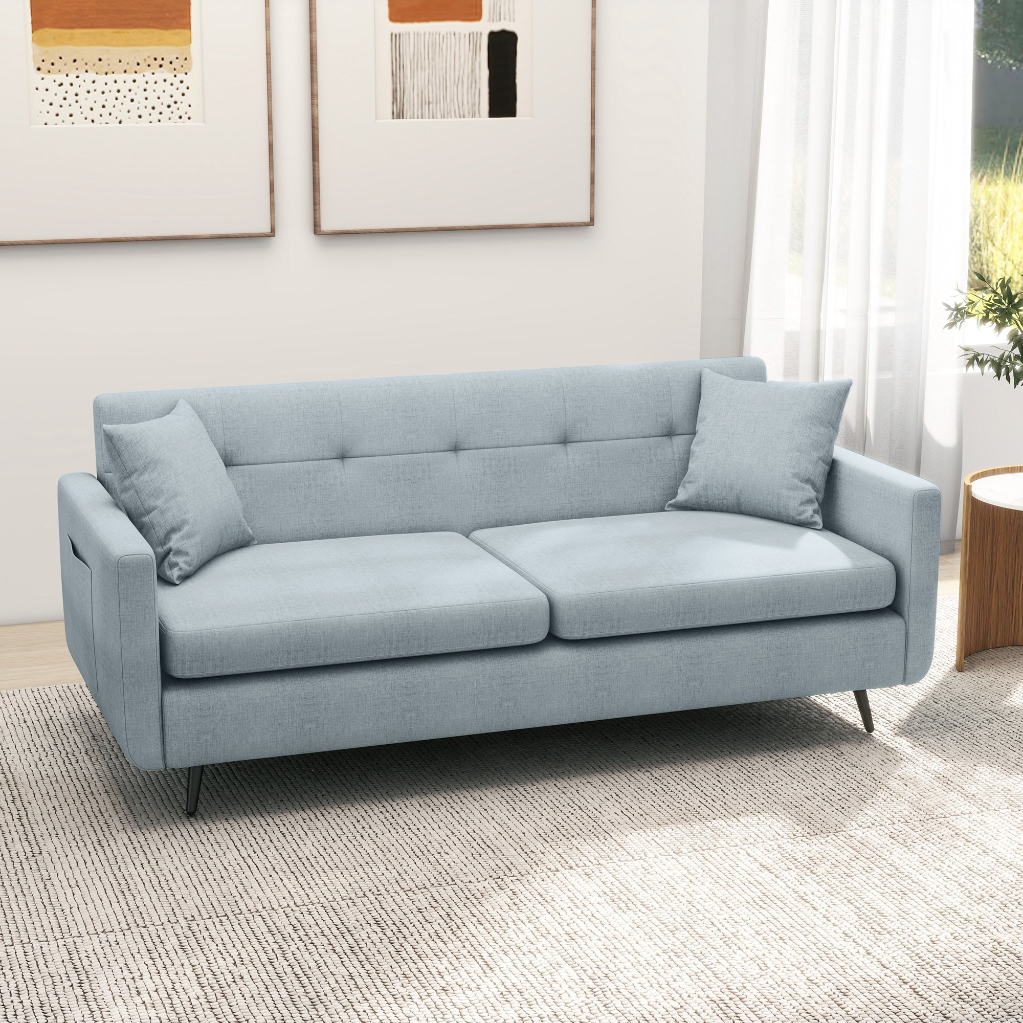 HOMCOM 165cm 2 Seater Sofa for Living Room, Modern Fabric Couch, Tufted Loveseat Sofa Settee with Steel Legs and 2 Storage Pockets for Bedroom and Home Office, Blue - North Peak Garden Furniture