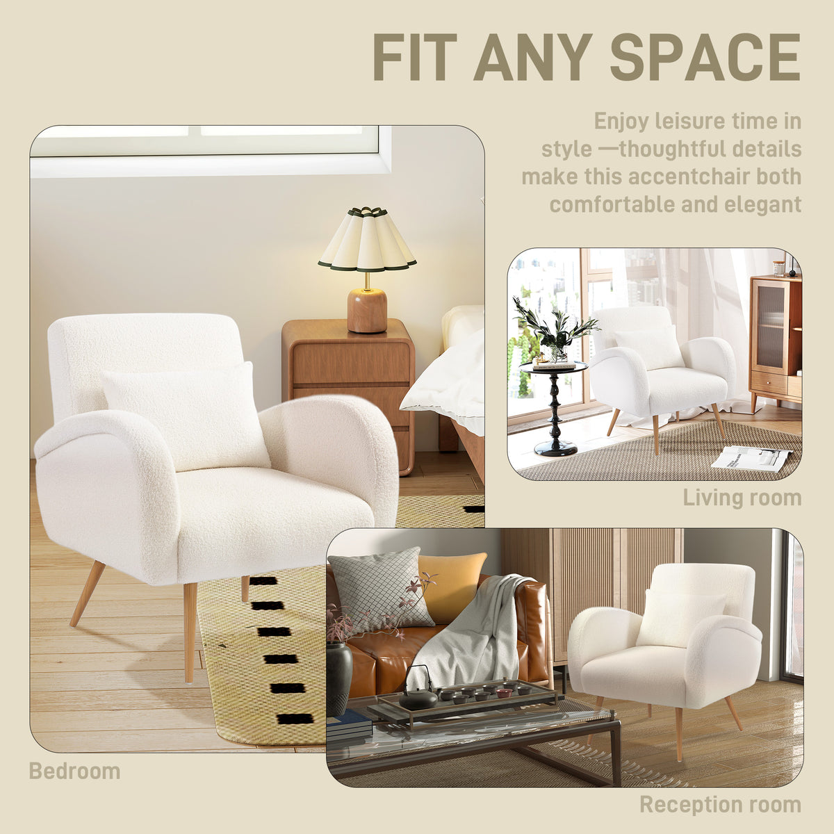 HOMCOM Teddy Fleece Accent Chair - Cream White