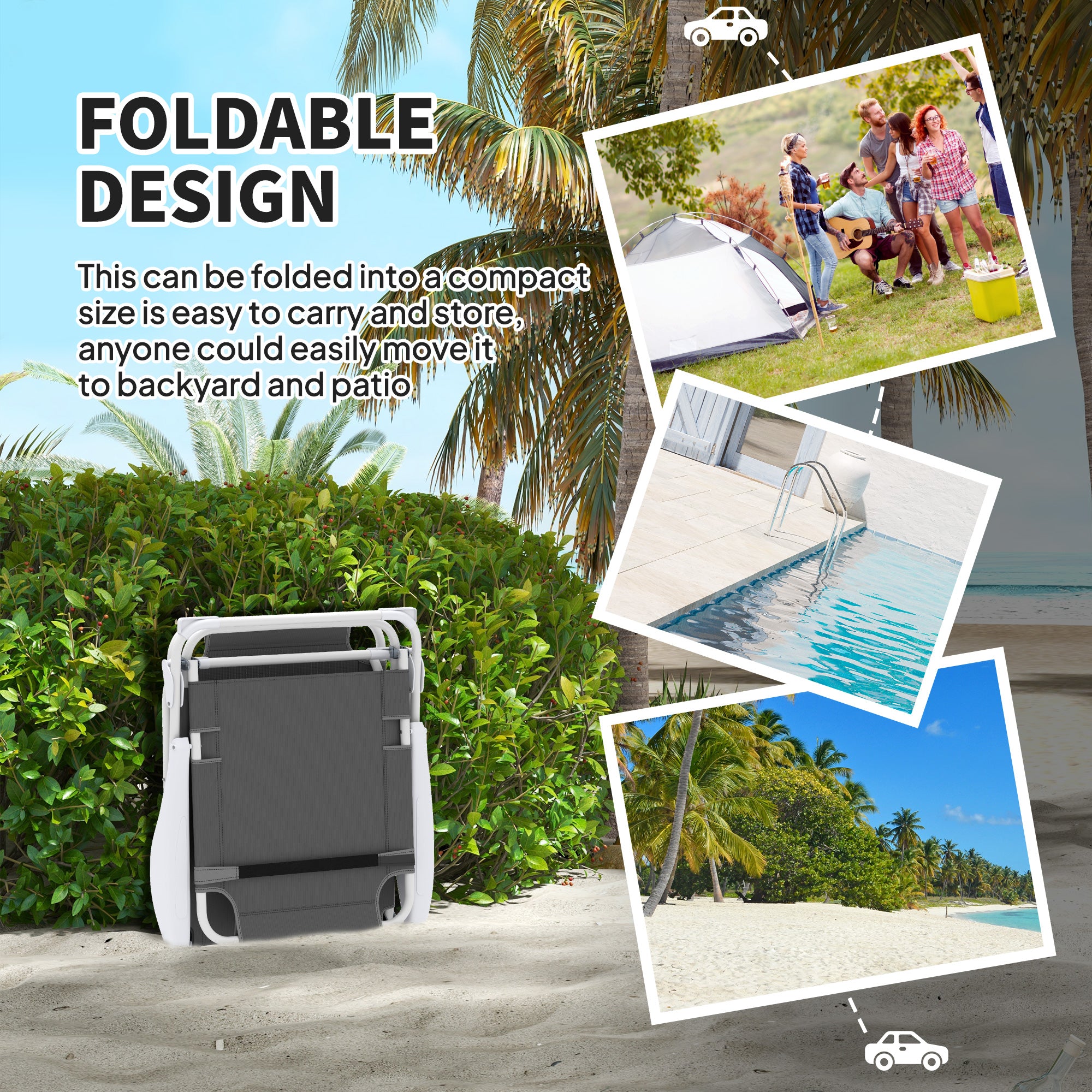 Outsunny Foldable Lounge Chair with 4-Level Adjustable Backrest & Headrest - Charcoal Grey - North Peak Garden Furniture