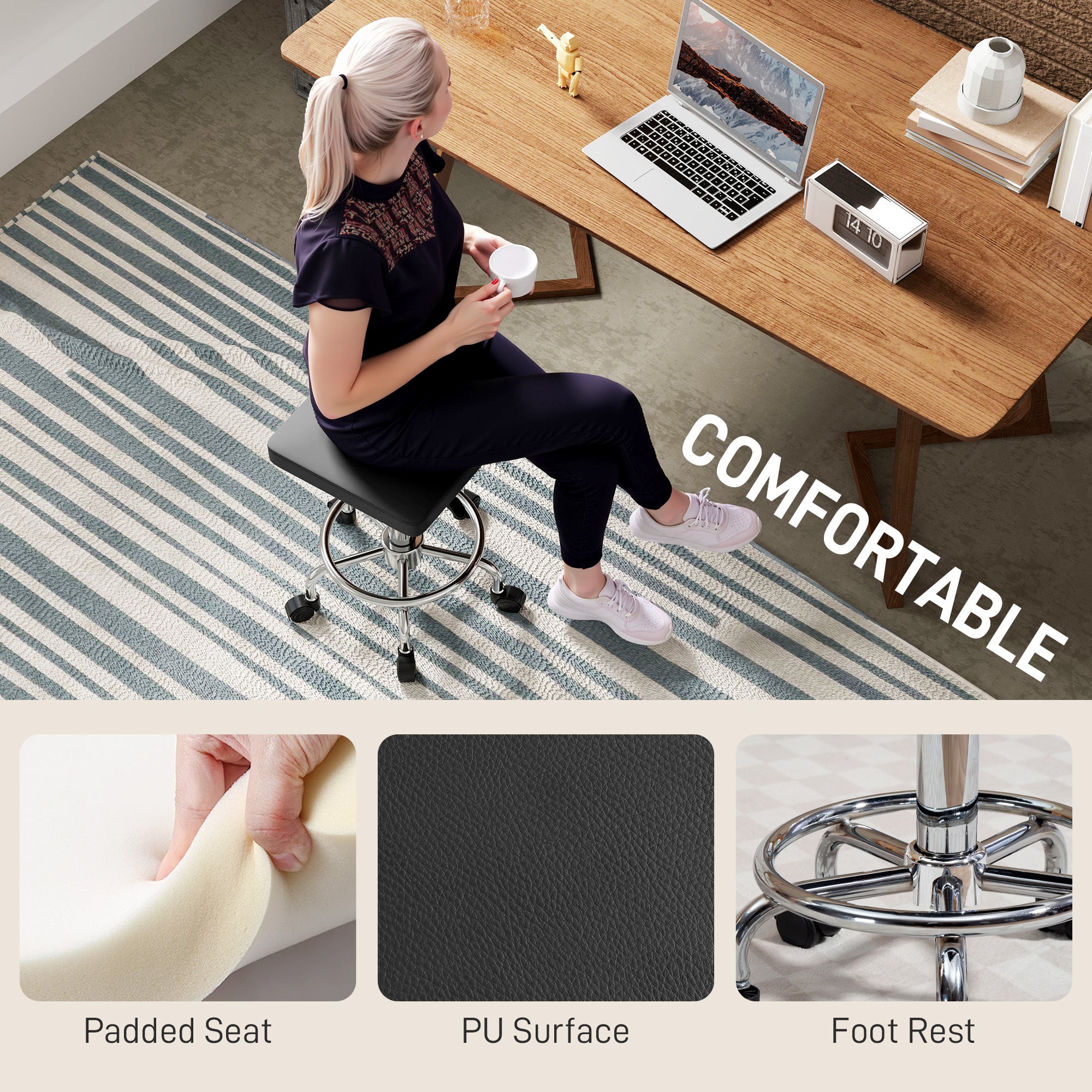 HOMCOM Adjustable PU Leather Rolling Stool - Black - North Peak Garden Furniture