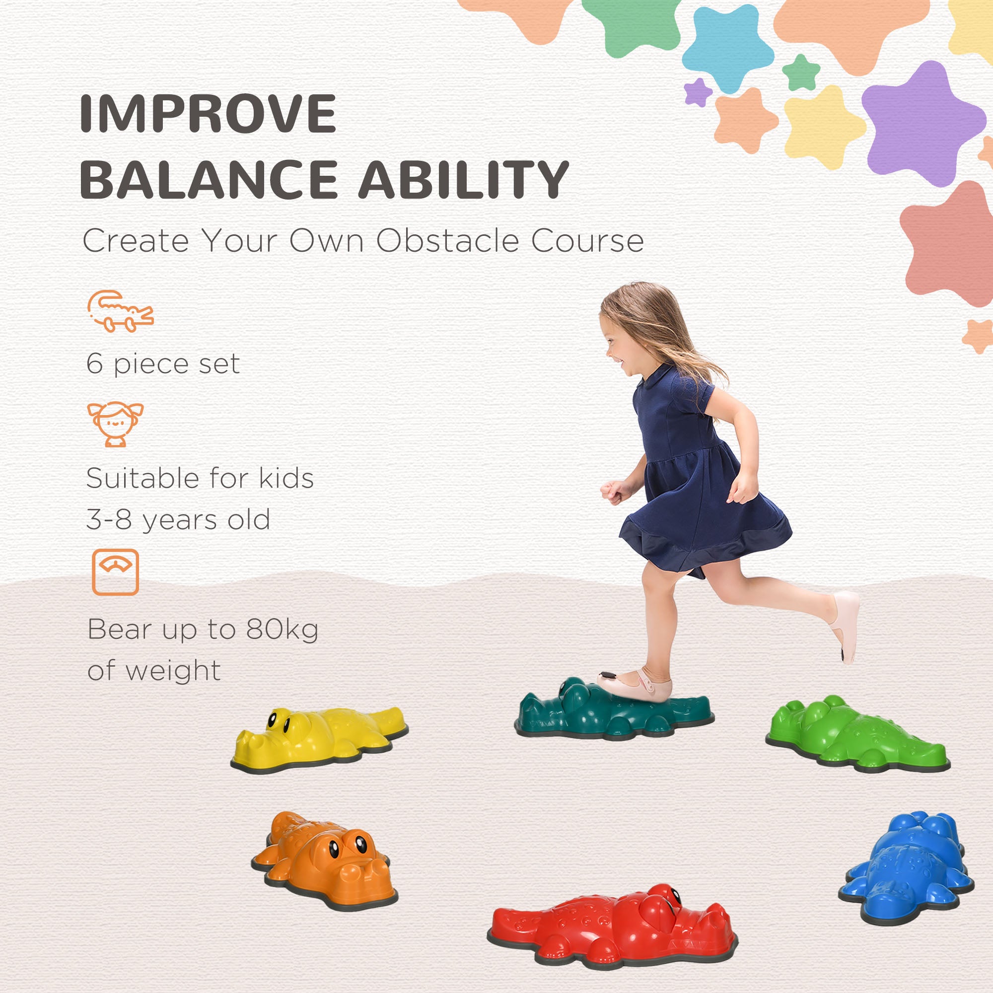 ZONEKIZ 6PCs Kids Stepping Stones, Crocodile-Designed Sensory Toys, with Anti-Slip Edge Balance River Stones - North Peak Garden Furniture