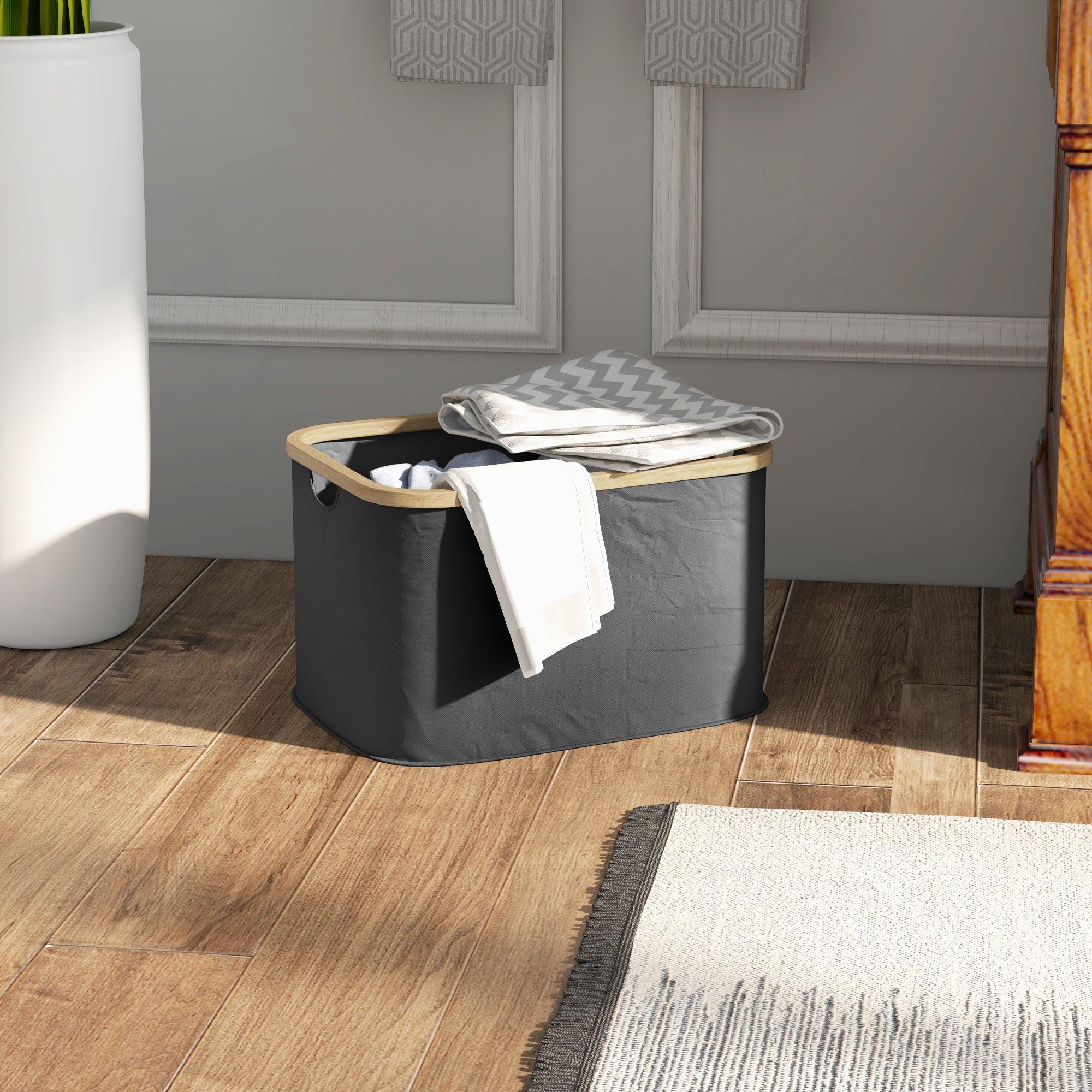 HOMCOM 36L Foldable Laundry Basket, with Bamboo Top - Black - North Peak Garden Furniture