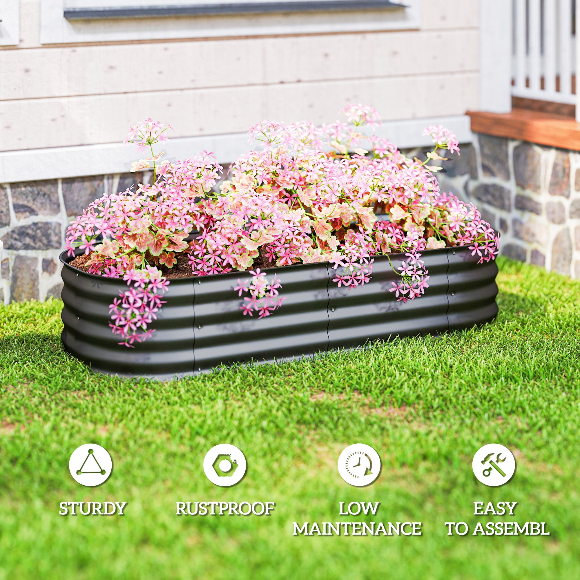 Outsunny Galvanised Raised Garden Bed, Metal Planter Box with Safety Edging, for Flowers, Herbs, Succulents, Dark Grey
