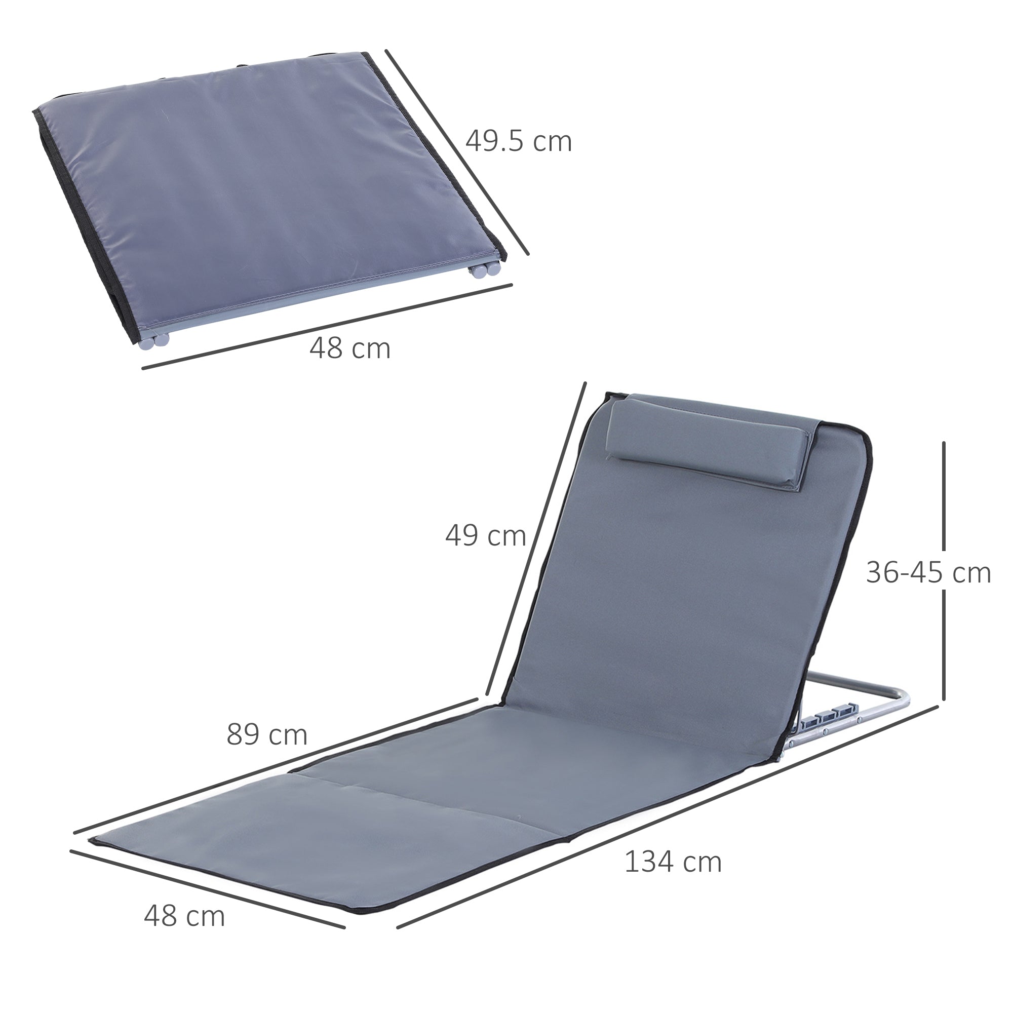 Outsunny Set of 2 Foldable Garden Beach Chair Mat Lightweight Outdoor Sun Lounger Seats Adjustable Back Metal Frame PE Fabric Head Pillow w/ Carry Bag,Grey - North Peak Garden Furniture