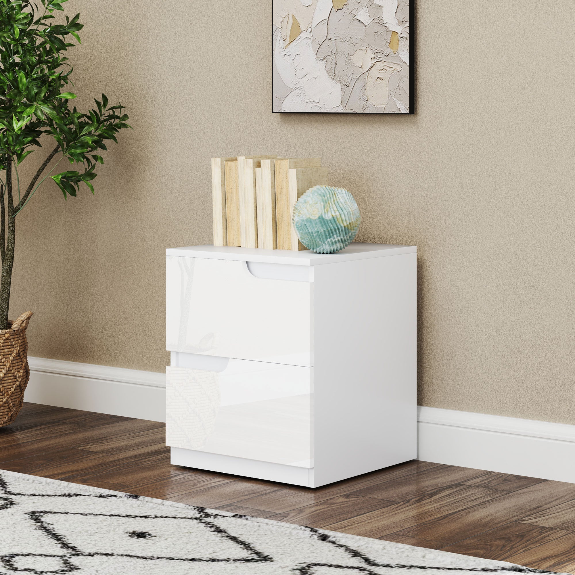 HOMCOM Set of Two High Gloss Bedside Tables - White - North Peak Garden Furniture