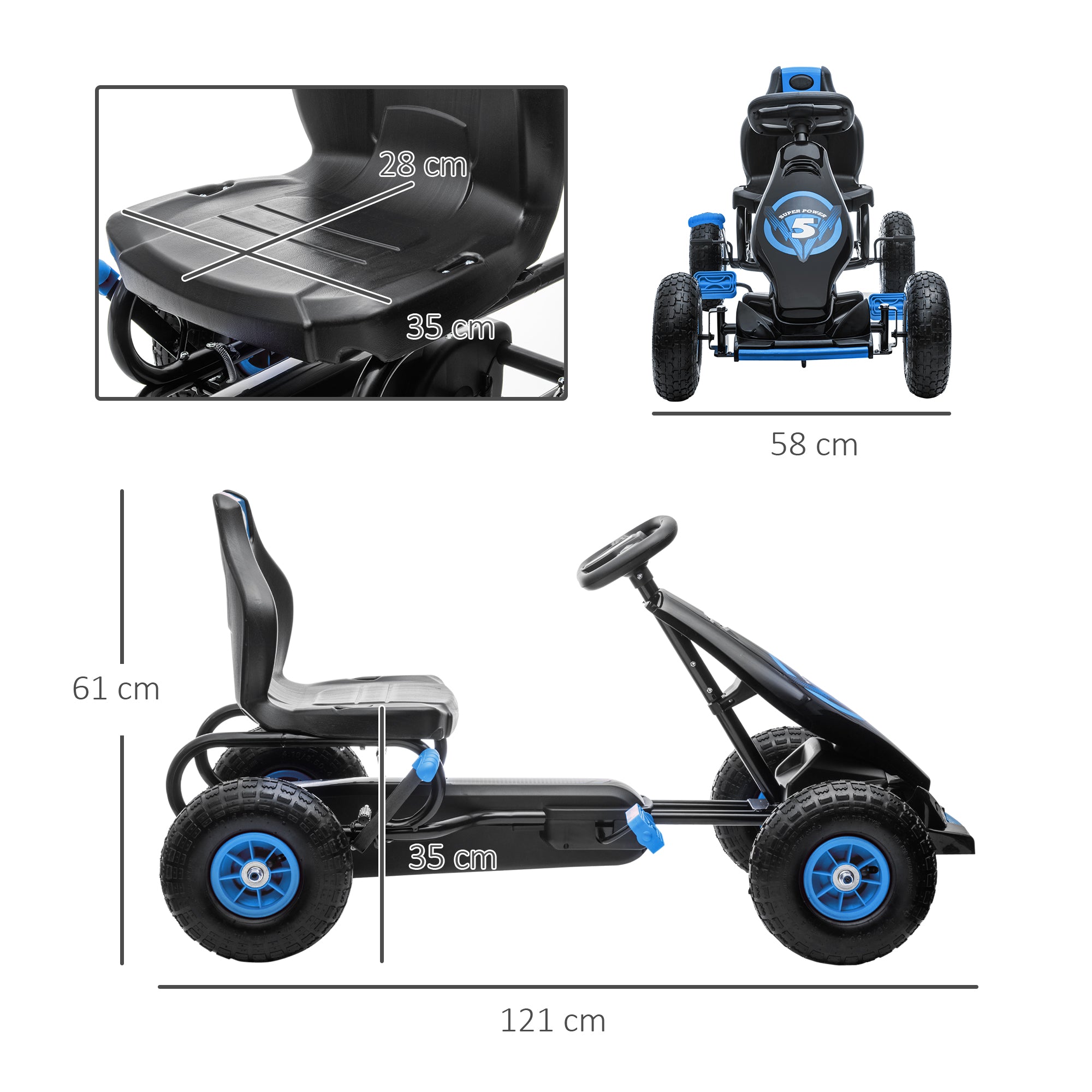 HOMCOM Kids Pedal Go Kart, with Adjustable Seat, Inflatable Tyres - Blue - North Peak Garden Furniture