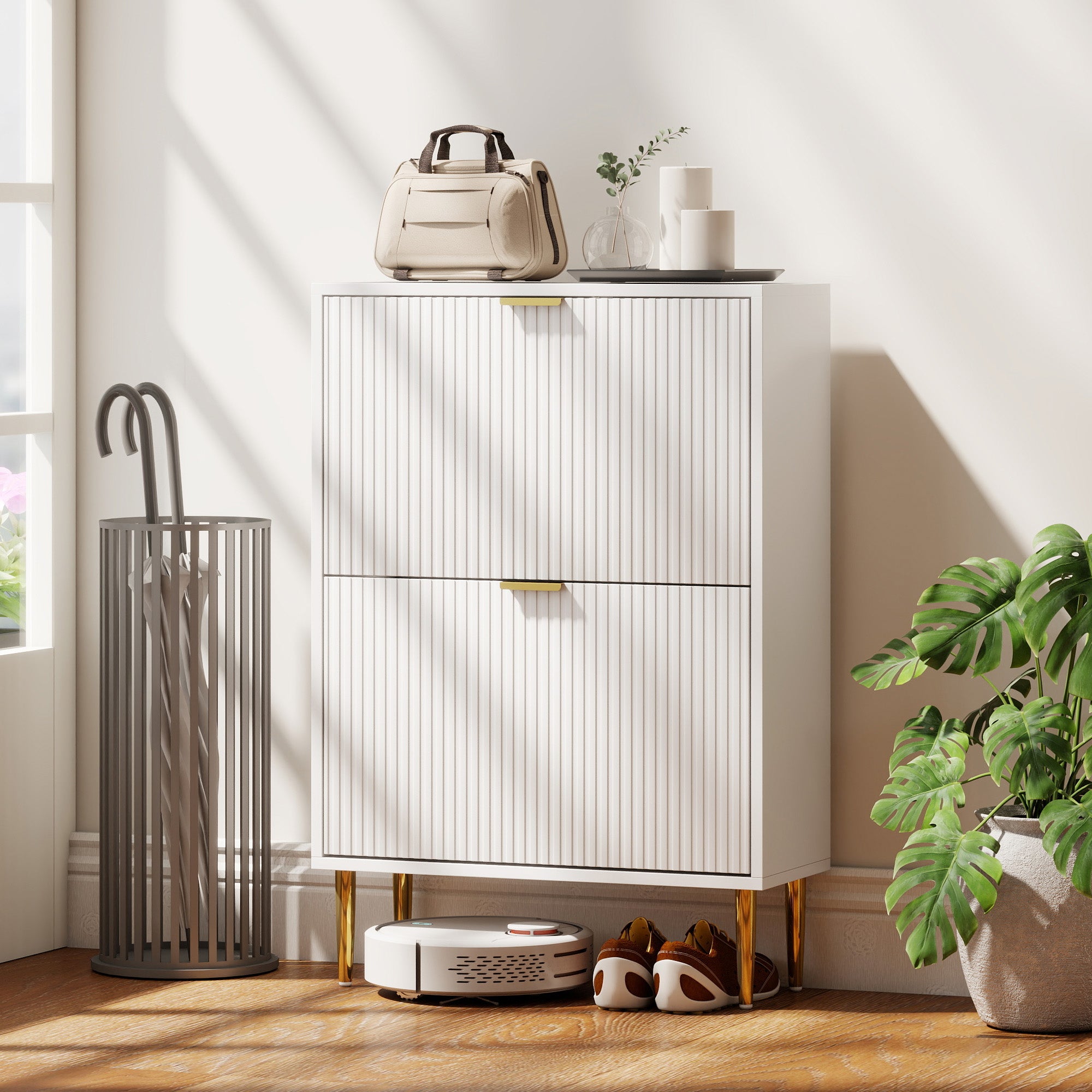 HOMCOM Elegant Two-Drawer Shoe Cabinet - White