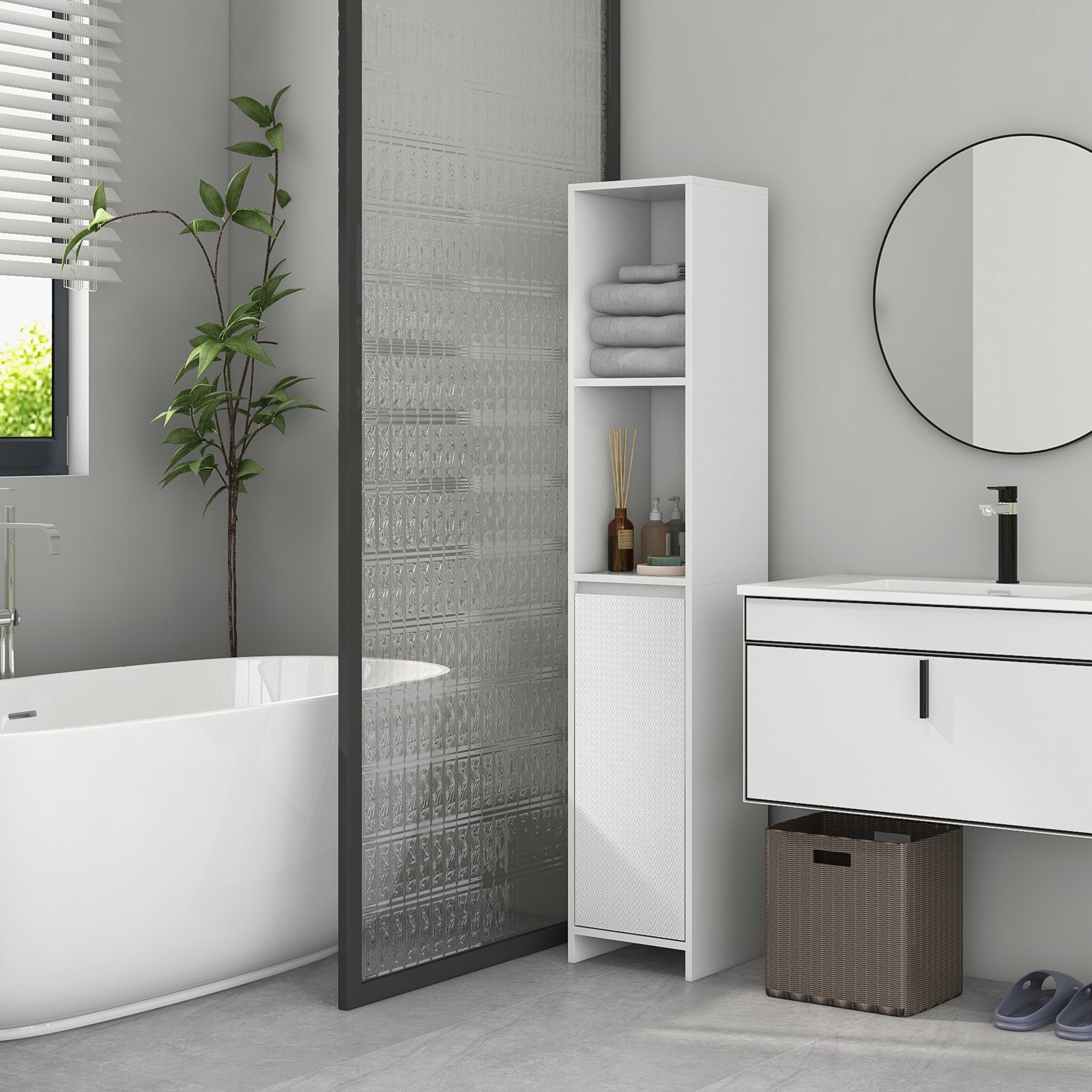HOMCOM Narrow Bathroom Cabinet, Slim Bathroom Storage Unit with Open Compartment, Freestanding Storage Cupboard for Small Spaces, 30 x 30 x 160 cm, White