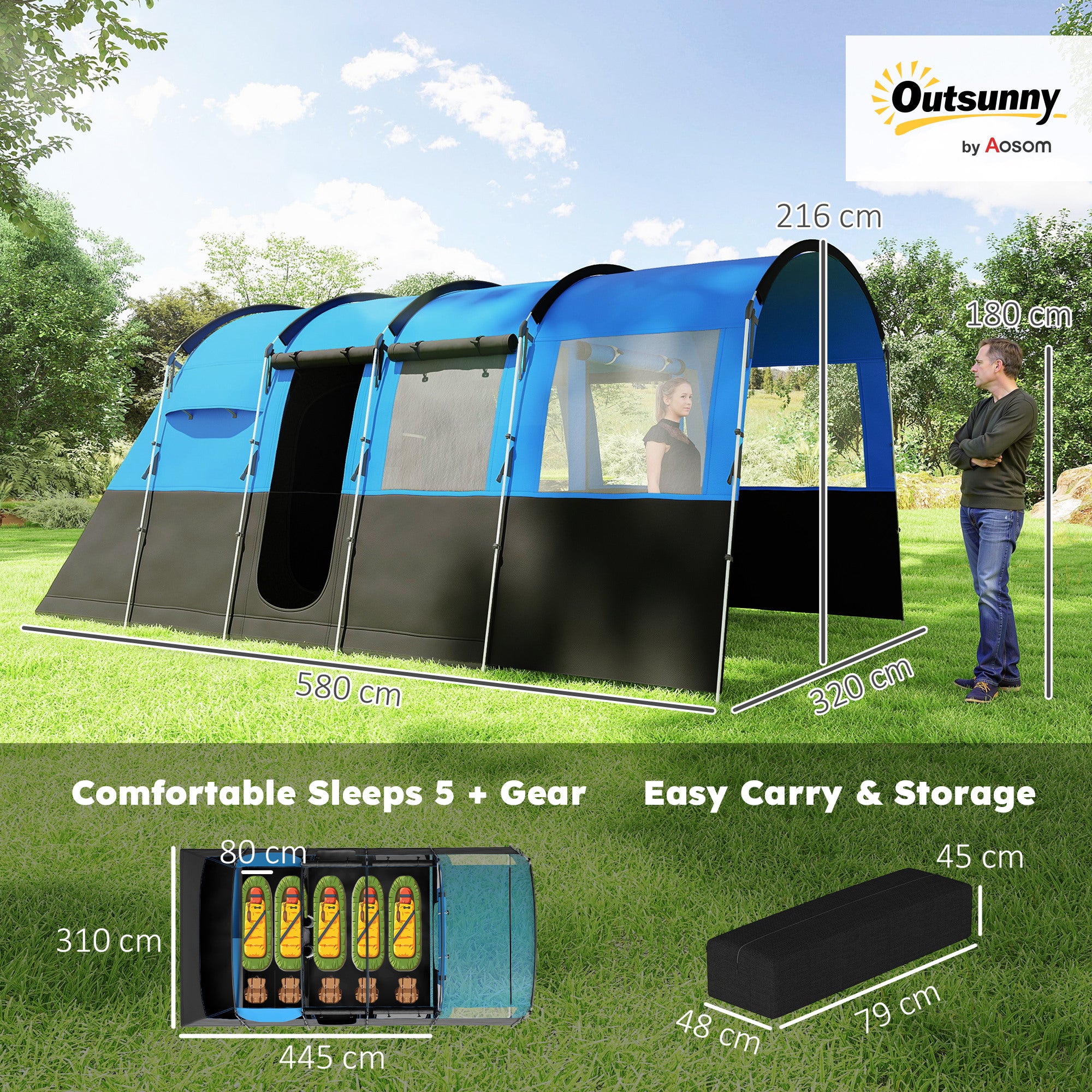 Outsunny 8-Person Camping Tent, Waterproof Family Tent, Tunnel Design, 4 Large Windows, Sleeping Cabins 3000mm Water Column Blue - North Peak Garden Furniture