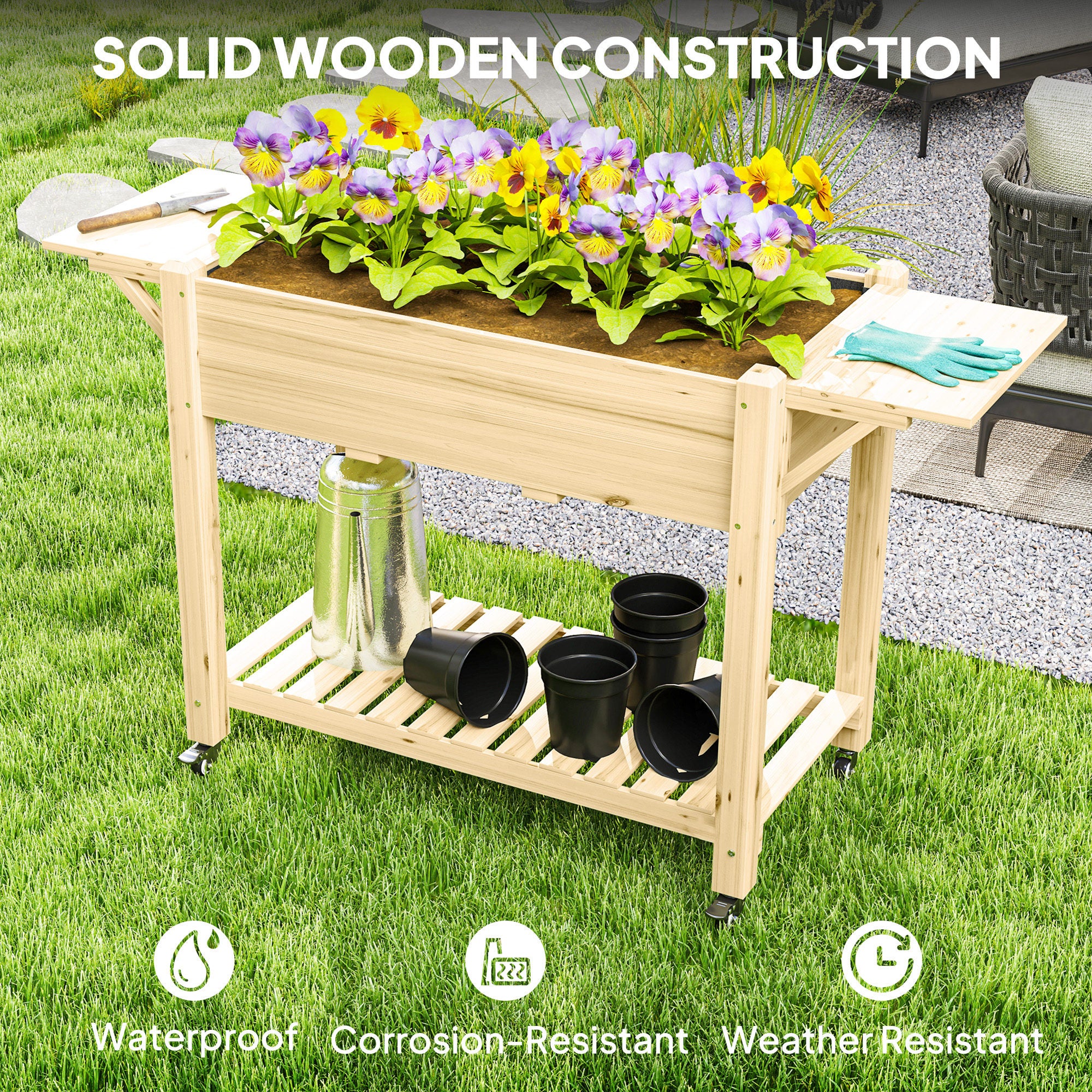 Outsunny 46 x 94cm Wooden Raised Planter, with Shelves - Natural Finish - North Peak Garden Furniture