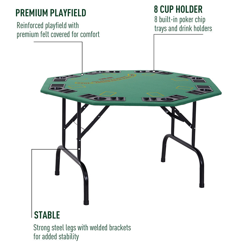 HOMCOM 8 Player Folding Games Poker Table with Chip Cup Holder Steel Base Felt Top Octagon Blackjack Green - North Peak Garden Furniture