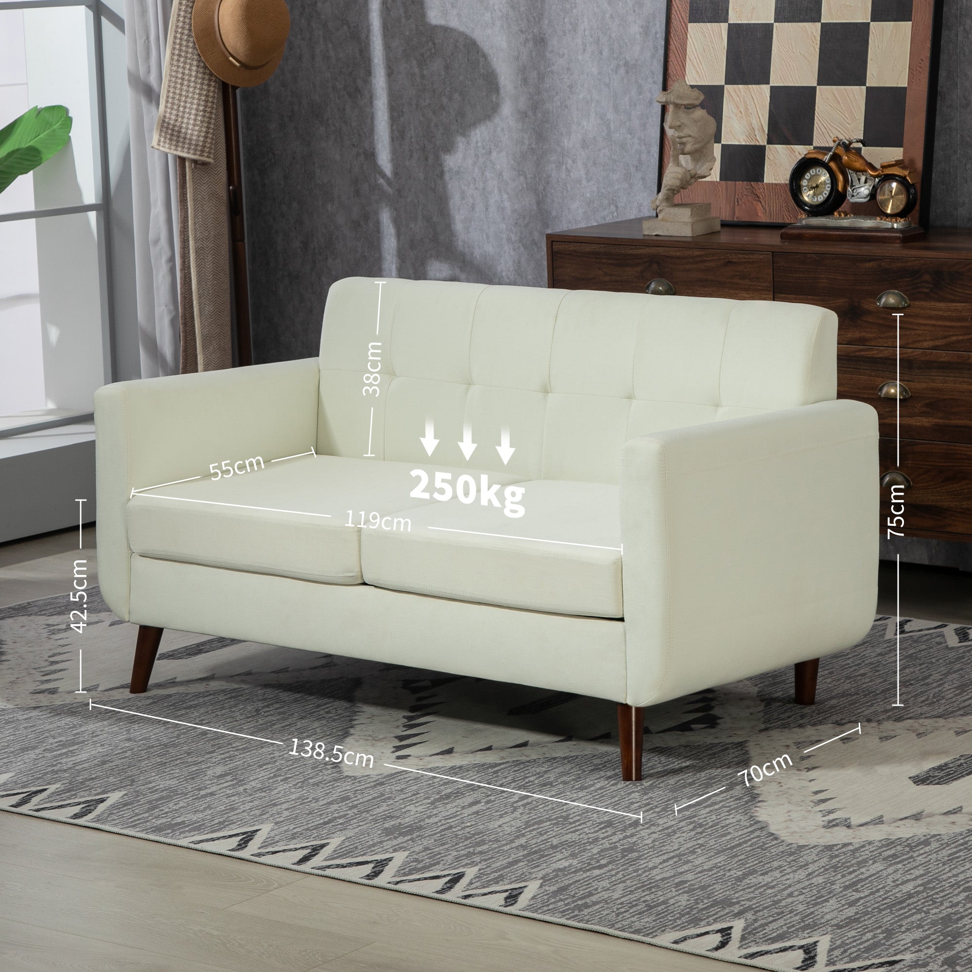 HOMCOM 2 Seater Sofa, Modern Tufted Fabric Couch, Upholstered Loveseat with Wood Legs for Small Space, Living Room, Bedroom, Office, Cream White - North Peak Garden Furniture