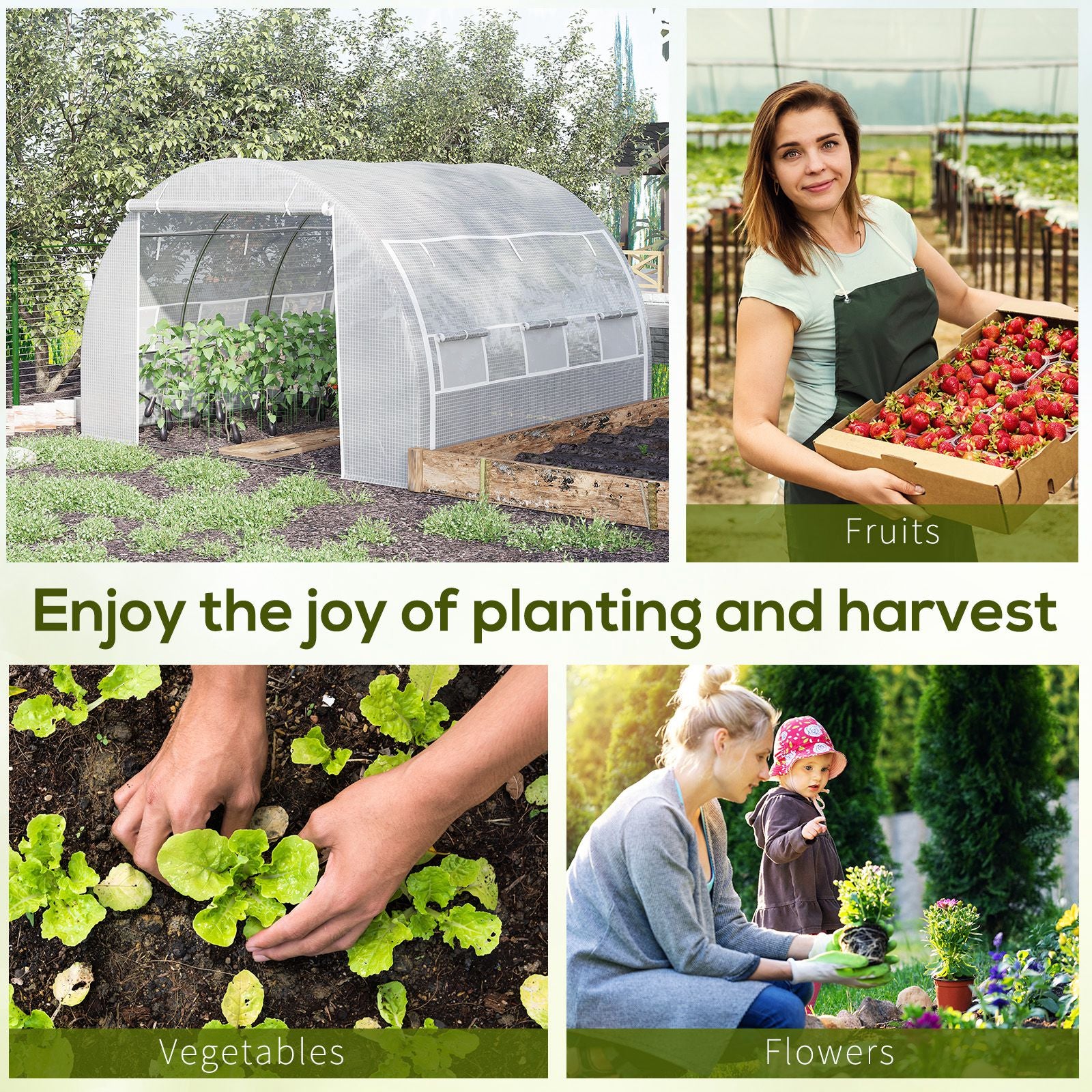 Outsunny 3 x 3 x 2 m Polytunnel Greenhouse with Roll-up Side Walls, Walk-in Grow House Tent with Steel Frame, Reinforced Cover, Zipped Door and 6 Mesh Windows for Garden, White - North Peak Garden Furniture