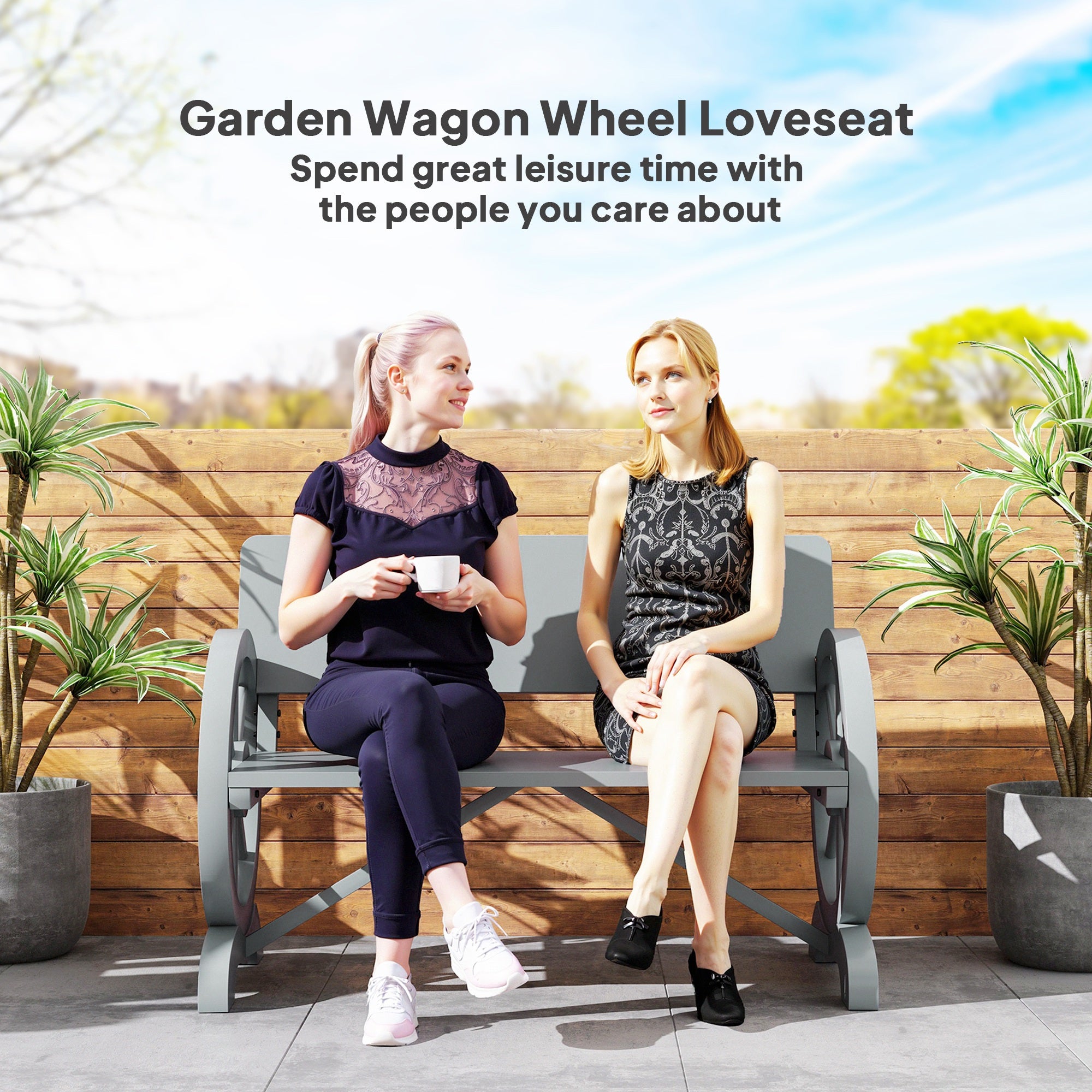 Outsunny Fir Wood 2-Seater Outdoor Garden Wagon Wheel Bench, Grey - North Peak Garden Furniture
