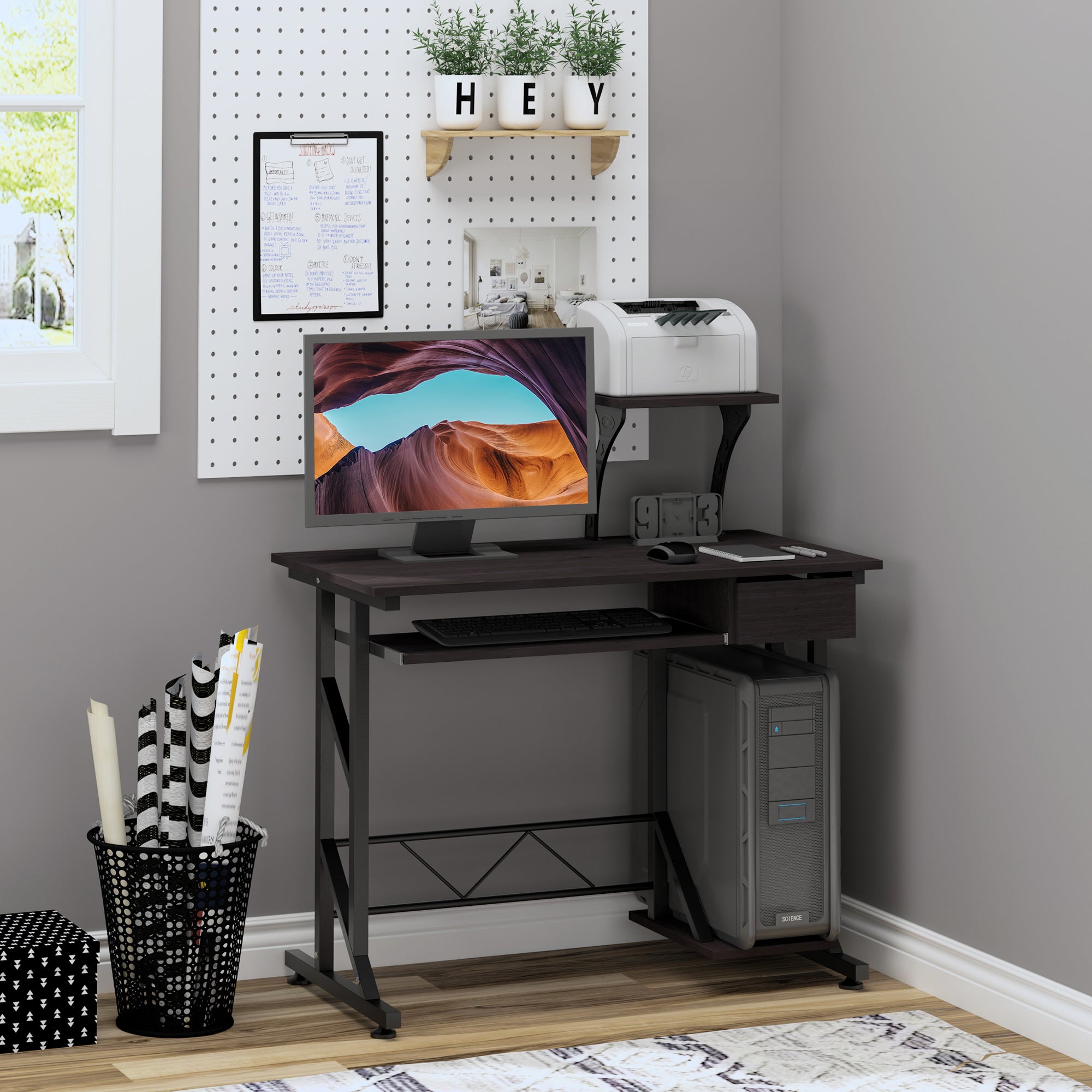 HOMCOM Computer Desk with Display Stand, Sliding Keyboard Tray Drawer and Host Box Shelf Home Office Workstation Dark Brown - North Peak Garden Furniture