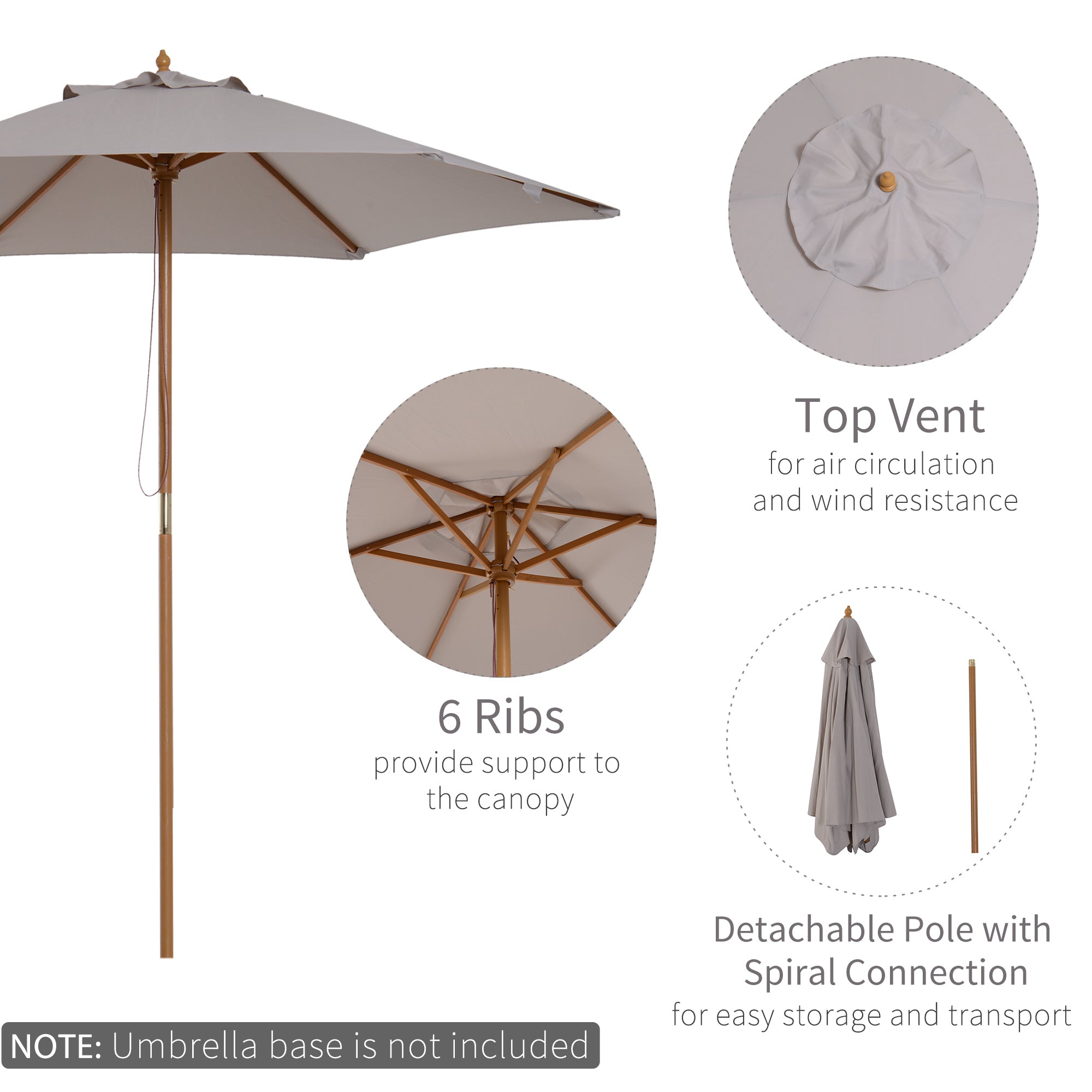 Outsunny 2.5m Wood Garden Parasol Sun Shade Patio Outdoor Wooden Umbrella Canopy Grey - North Peak Garden Furniture