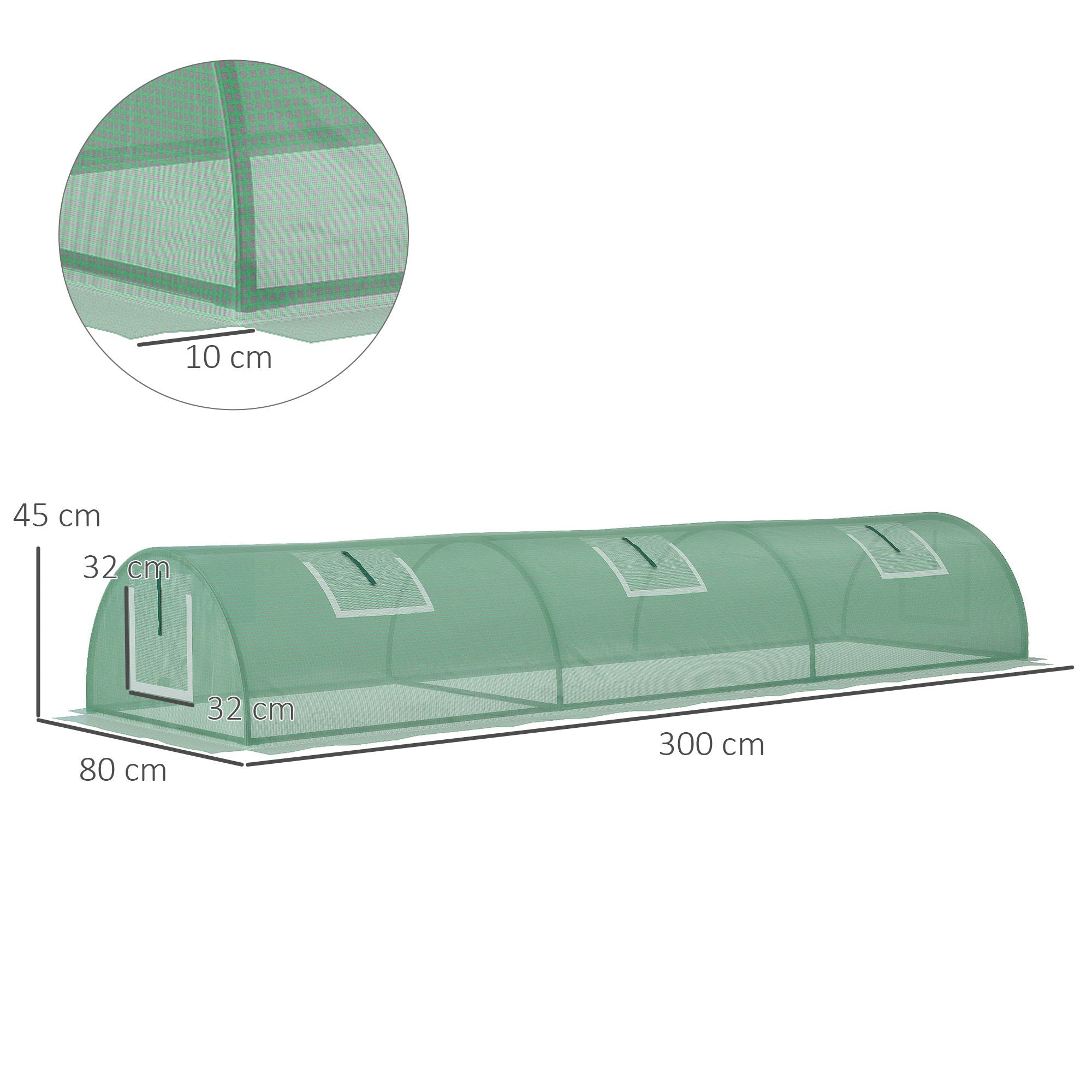 Outsunny Mini Greenhouse, Portable Tunnel Green House, Green Grow House Steel Frame with 5 Mesh Windows, 3 M, Green - North Peak Garden Furniture