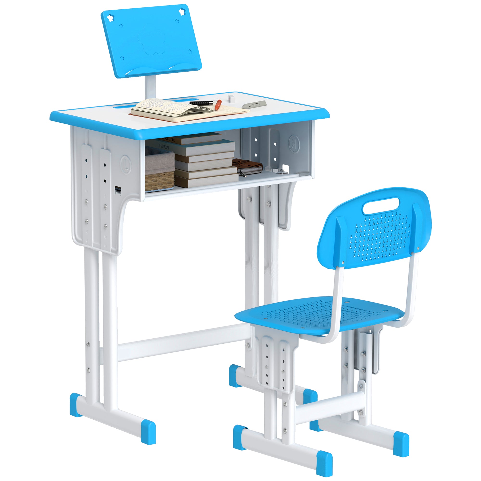 HOMCOM Kids Adjustable Desk and Chair Set, Book Stand, Pen Slot - Blue - North Peak Garden Furniture