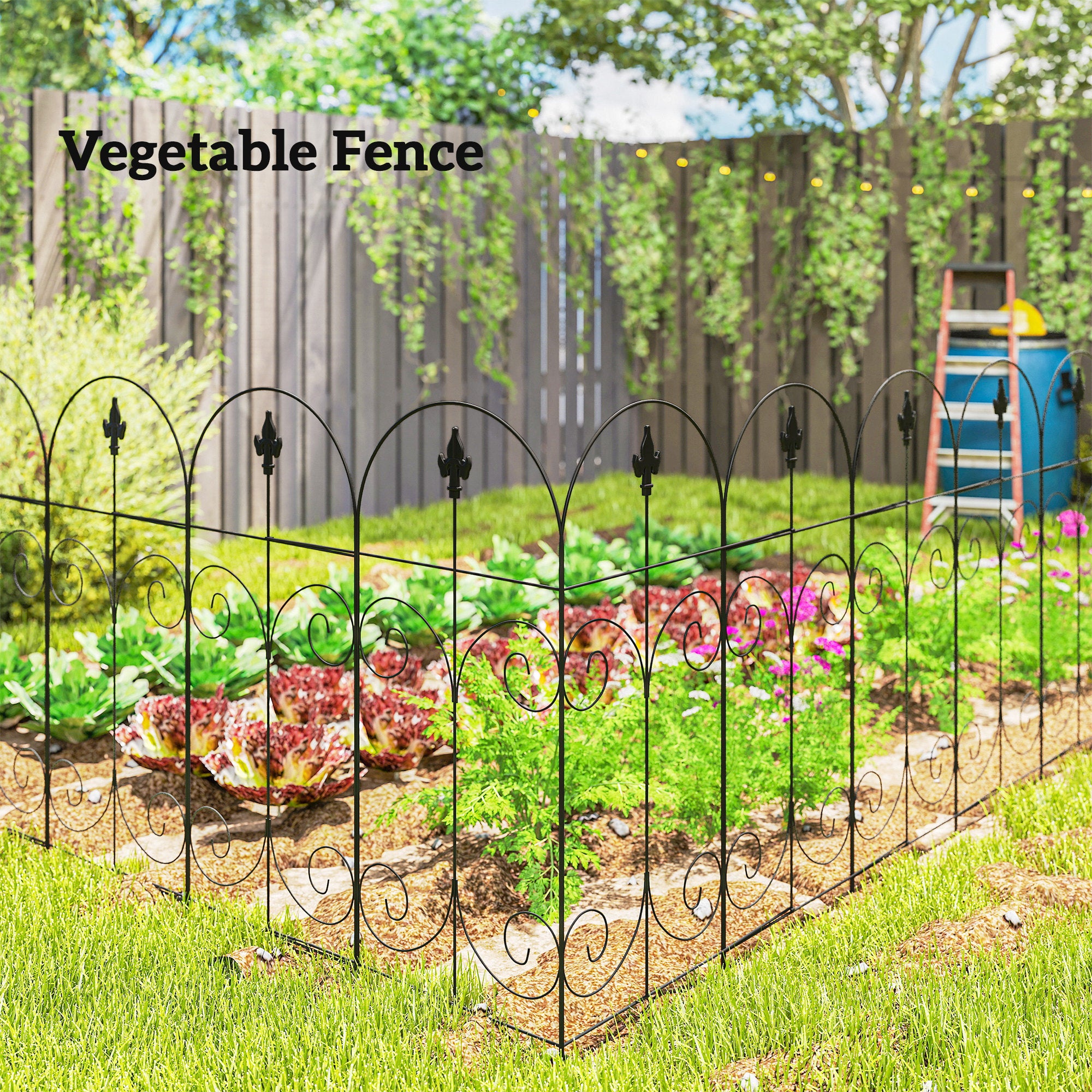 Outsunny Decorative Garden Fencing, 8PCs 44in x 12.5ft Outdoor Picket Fence Panels, Rustproof Metal Wire Landscape Flower Bed Border Edging, Black