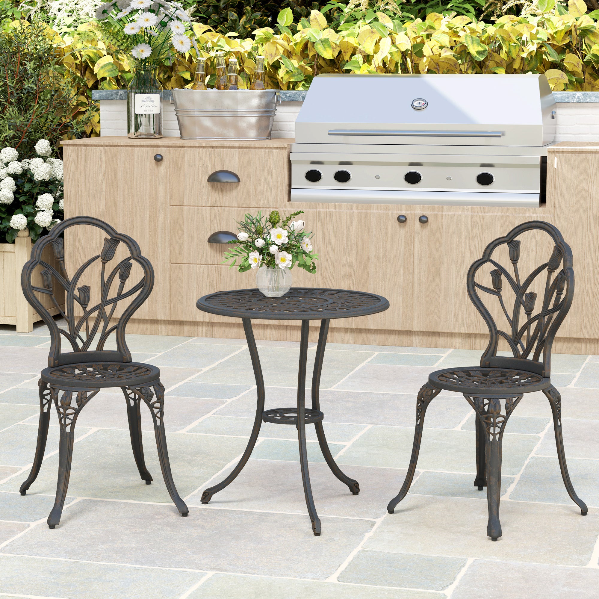 Outsunny 3 Piece Patio Bistro Set for 2, Outdoor Aluminium Garden Table and Chairs with Umbrella Hole for Balcony, Bronze Tone - North Peak Garden Furniture