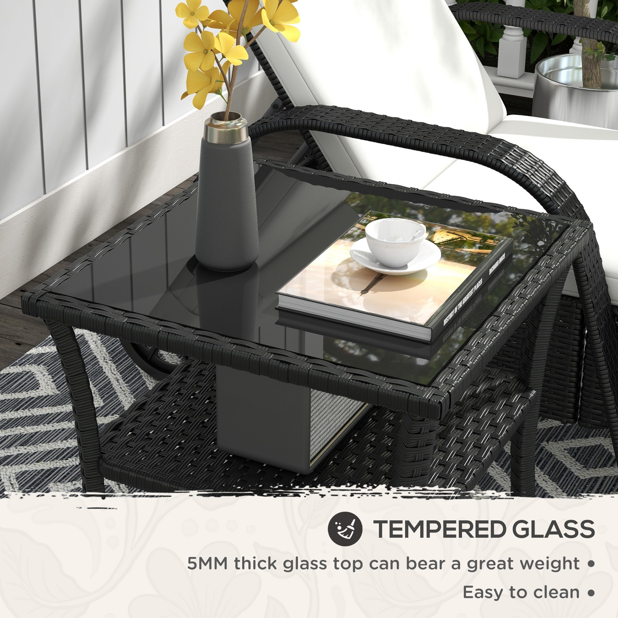 Outsunny Two-tier PE Rattan Square Coffee Table - Black - North Peak Garden Furniture