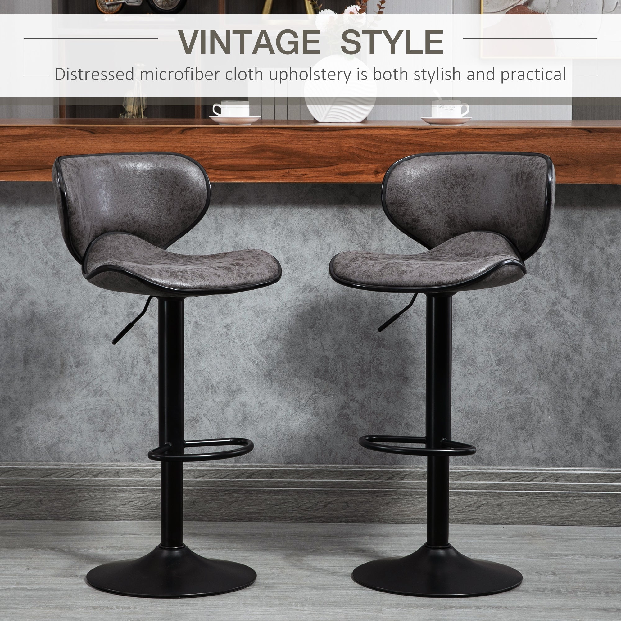 HOMCOM Adjustable Bar Stools Set of 2, Swivel Leathaire Upholstered Barstools with Large Seat, Breakfast Bar Chairs with Back, Footrest and Steel Base, Dark Grey - North Peak Garden Furniture