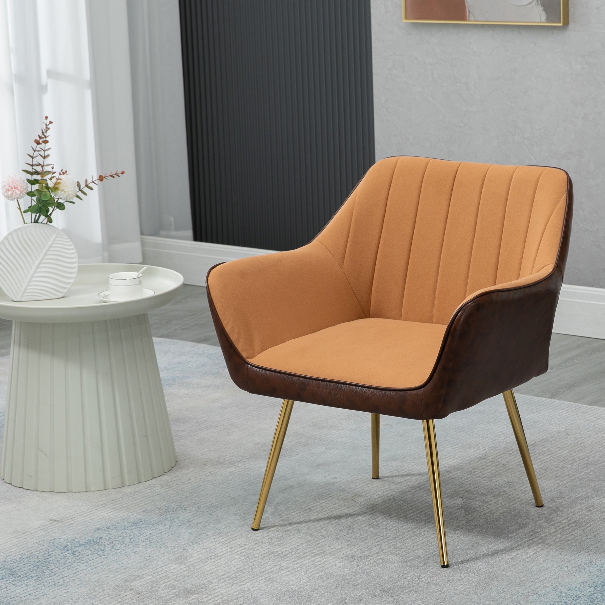 HOMCOM Velvet Armchairs, Upholstered Accent Chairs with Golden Steel Legs, Modern Vanity Chairs for Living Room and Bedroom, Light Brown - North Peak Garden Furniture
