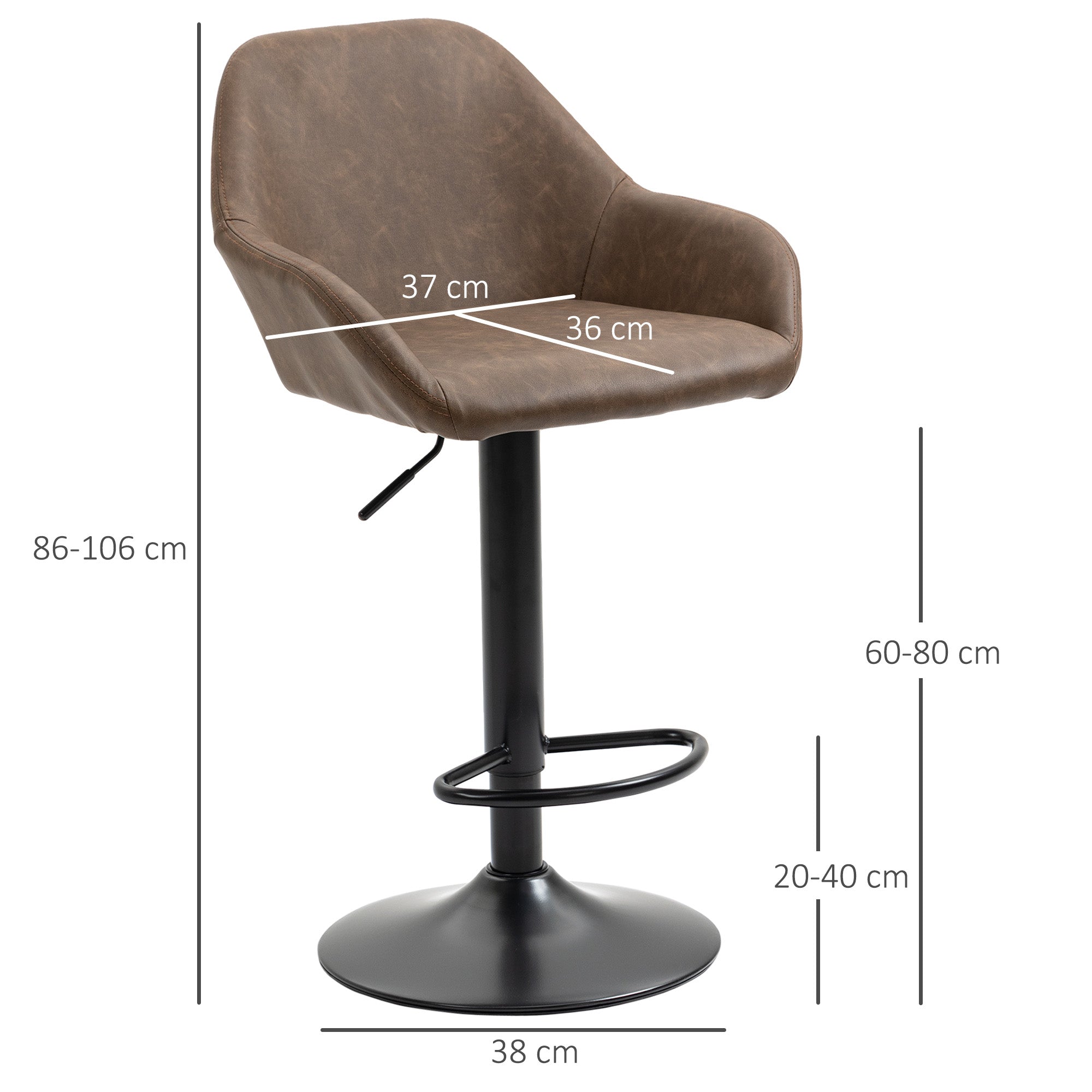 HOMCOM Adjustable Bar Stools Set of 2, Swivel Barstools with Footrest and Backrest, PU Leather and Steel Base, for Kitchen Counter and Dining Room, Dark Brown - North Peak Garden Furniture