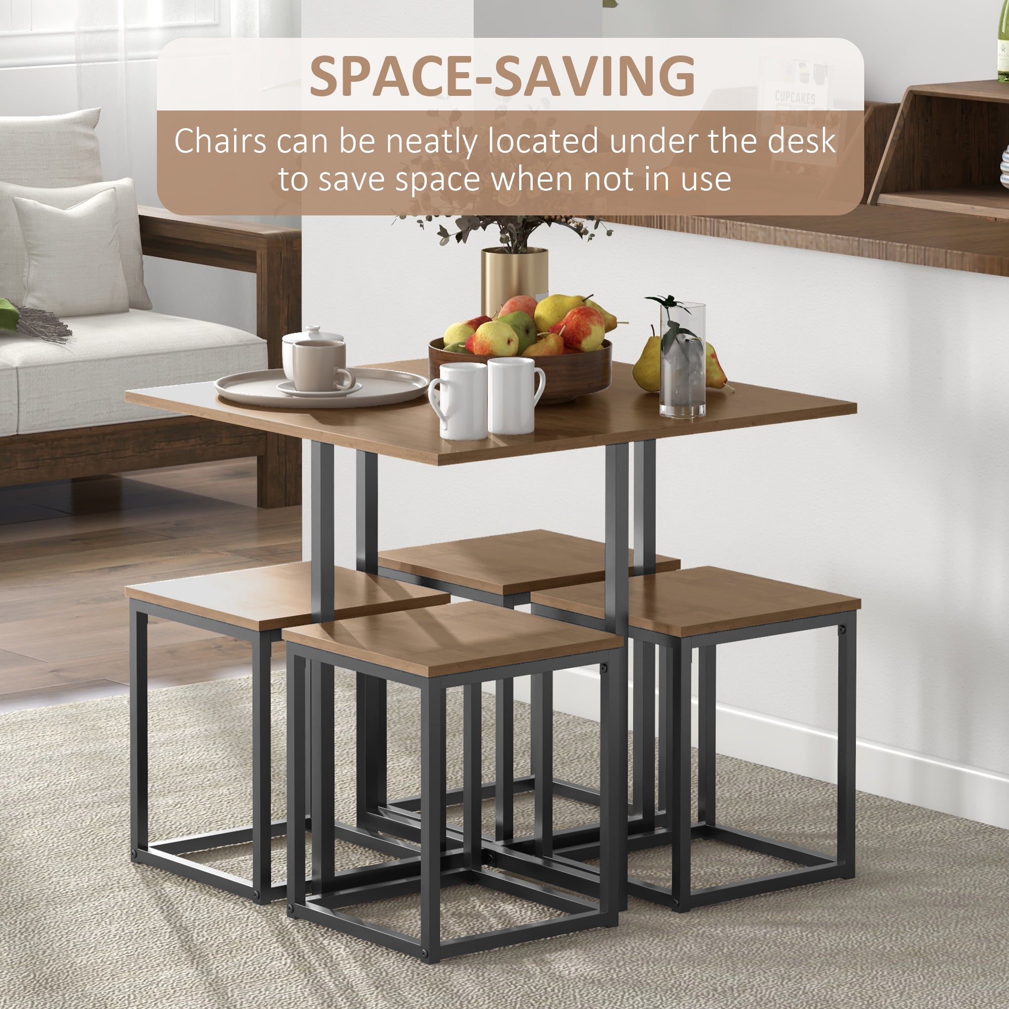 HOMCOM 5 Piece Dining Table and Chairs Set 4, Industrial Space Saving Table and Chairs with Metal Frame, Square Kitchen Table and Stools for Dining Room, Brown