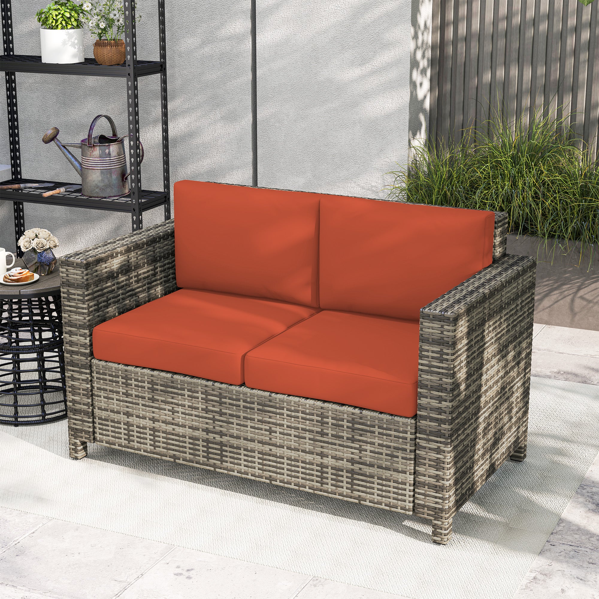 Outsunny 2 Seater Garden Furniture, Rattan Sofa with Soft Padded Cushion and Armrests, Wicker Garden Loveseat for Patio, Grey - North Peak Garden Furniture